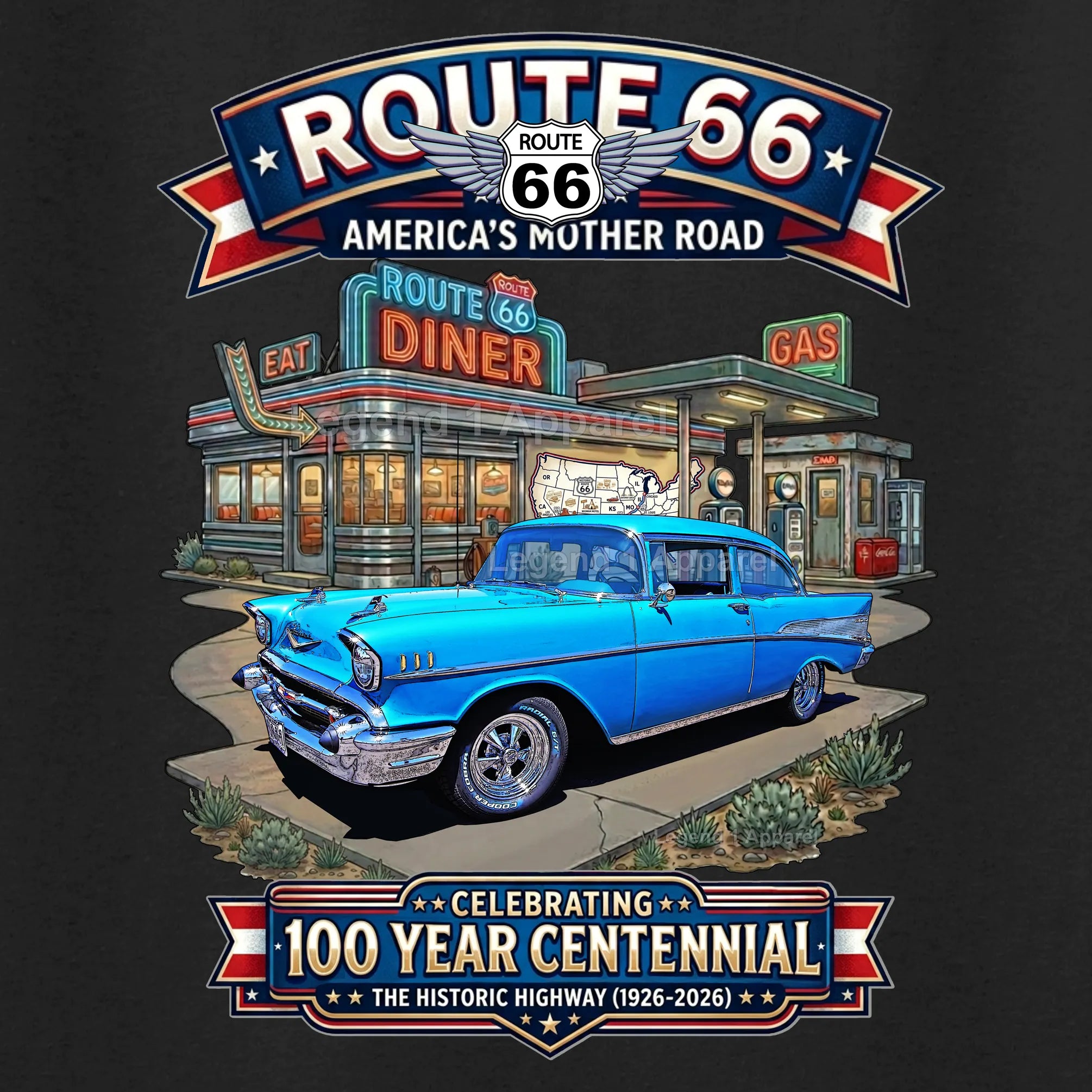 1957 Chevrolet Bel Air Coupe Classic Car Graphic Tee – Route 66 Centennial T-Shirt