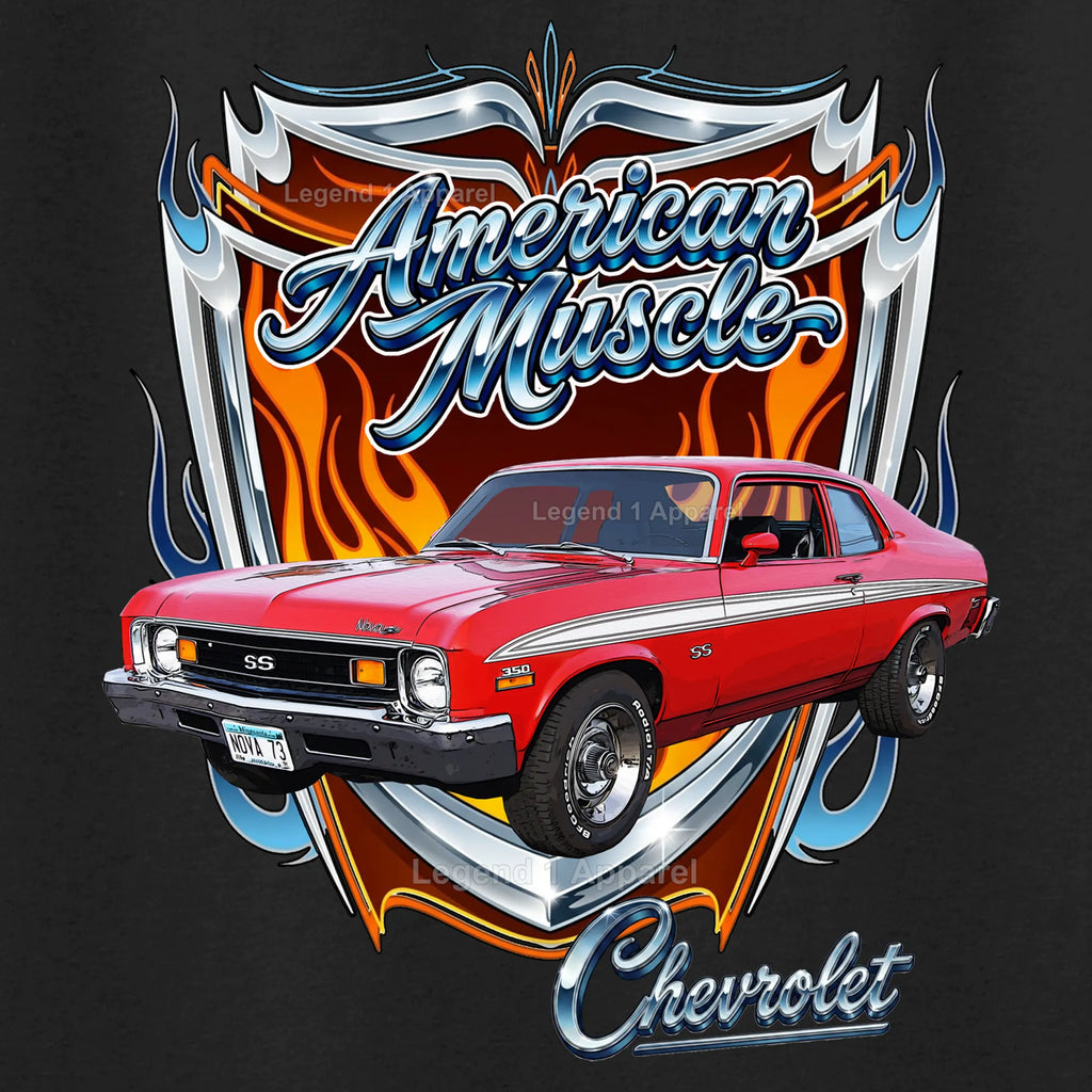 1973 Chevrolet Nova SS American Muscle T-Shirt – 73 Chevy Classic Car Graphic Tee