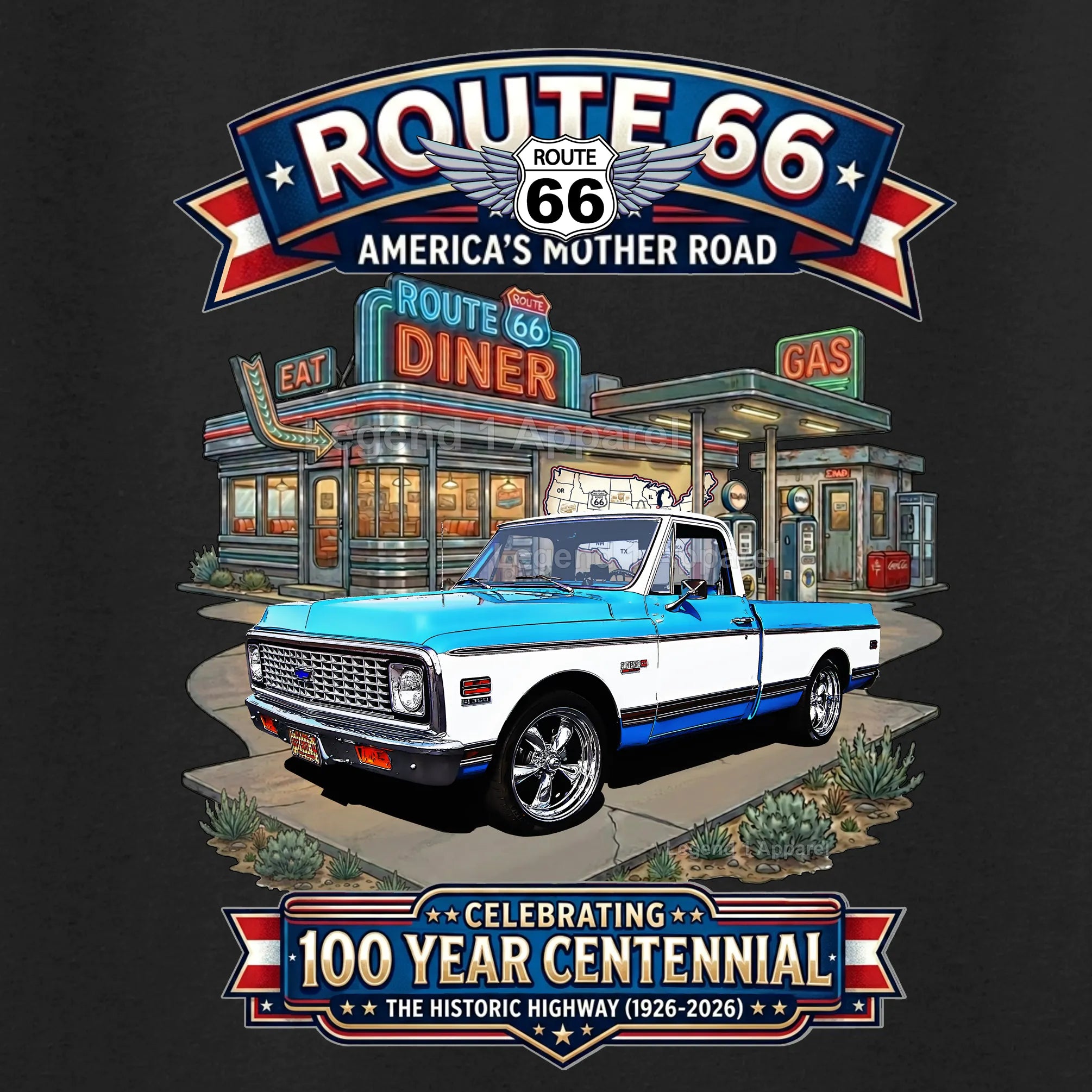 1972 Chevrolet Pick Up C10 Square Body Classic Truck Graphic Tee – Route 66 Centennial T-Shirt