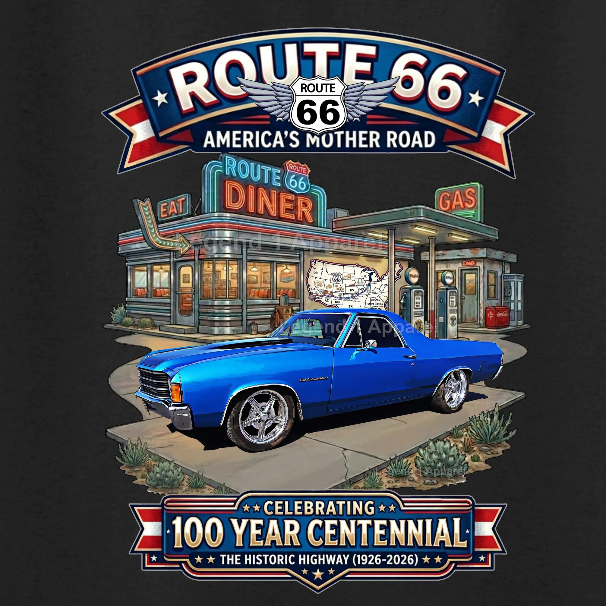 1972 Chevrolet El Camino SS Classic Truck Graphic Tee – Route 66 Centennial T-Shirt