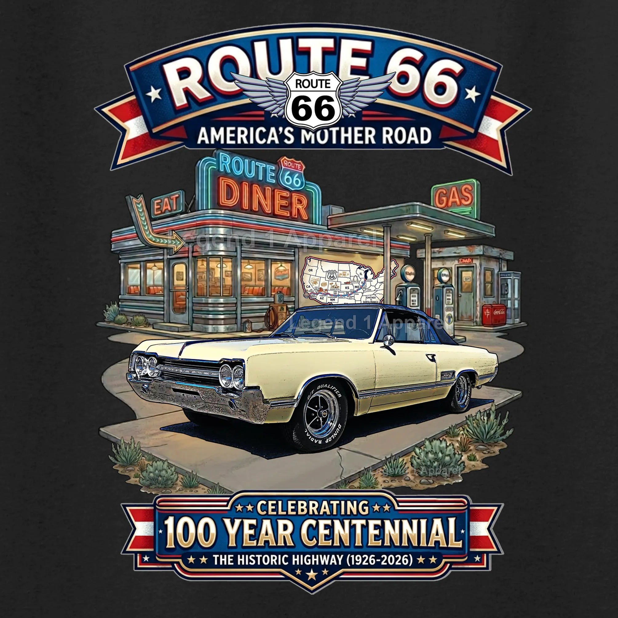 1965 Oldsmobile Cutlass 442 Classic Car Graphic Tee – Route 66 Centennial T-Shirt