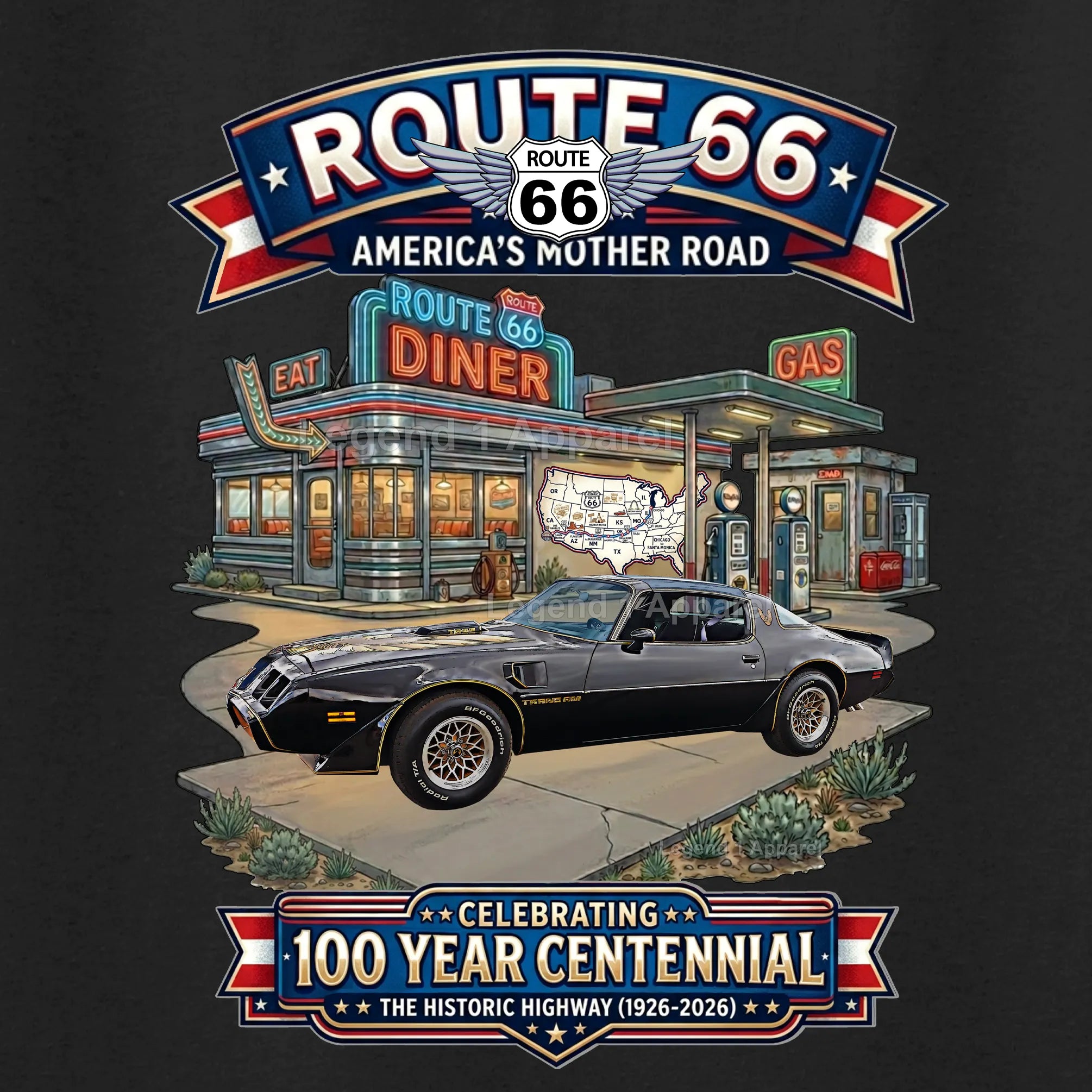 1979 Pontiac Trans Am Classic Car Graphic Tee – Route 66 Centennial T-Shirt