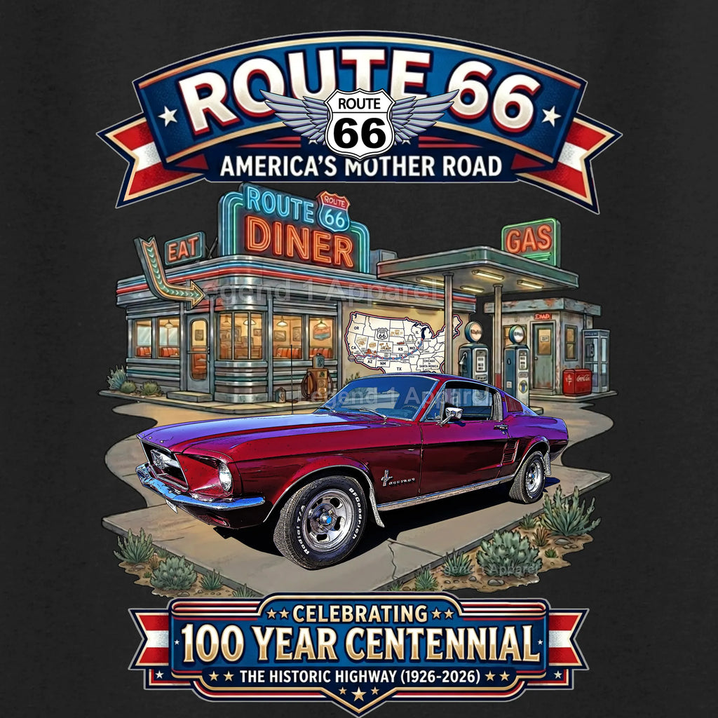 1967 Ford Mustang Fastback Classic Car Graphic Tee – Route 66 Centennial T-Shirt