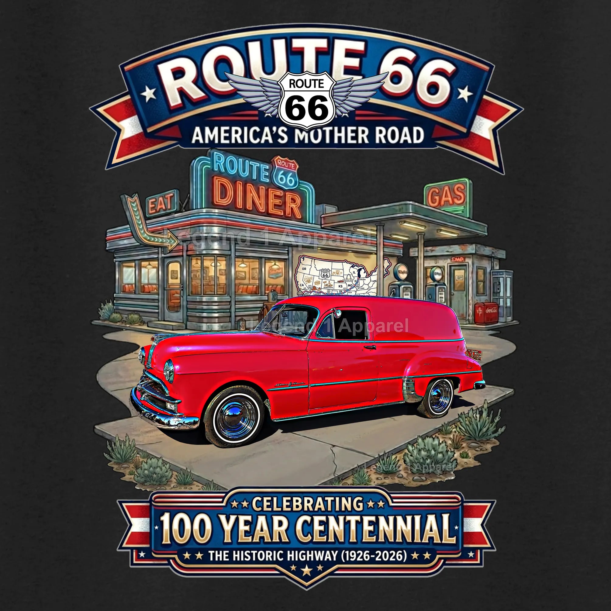 1949 Pontiac Delivery Sedan Classic Car Graphic Tee – Route 66 Centennial T-Shirt