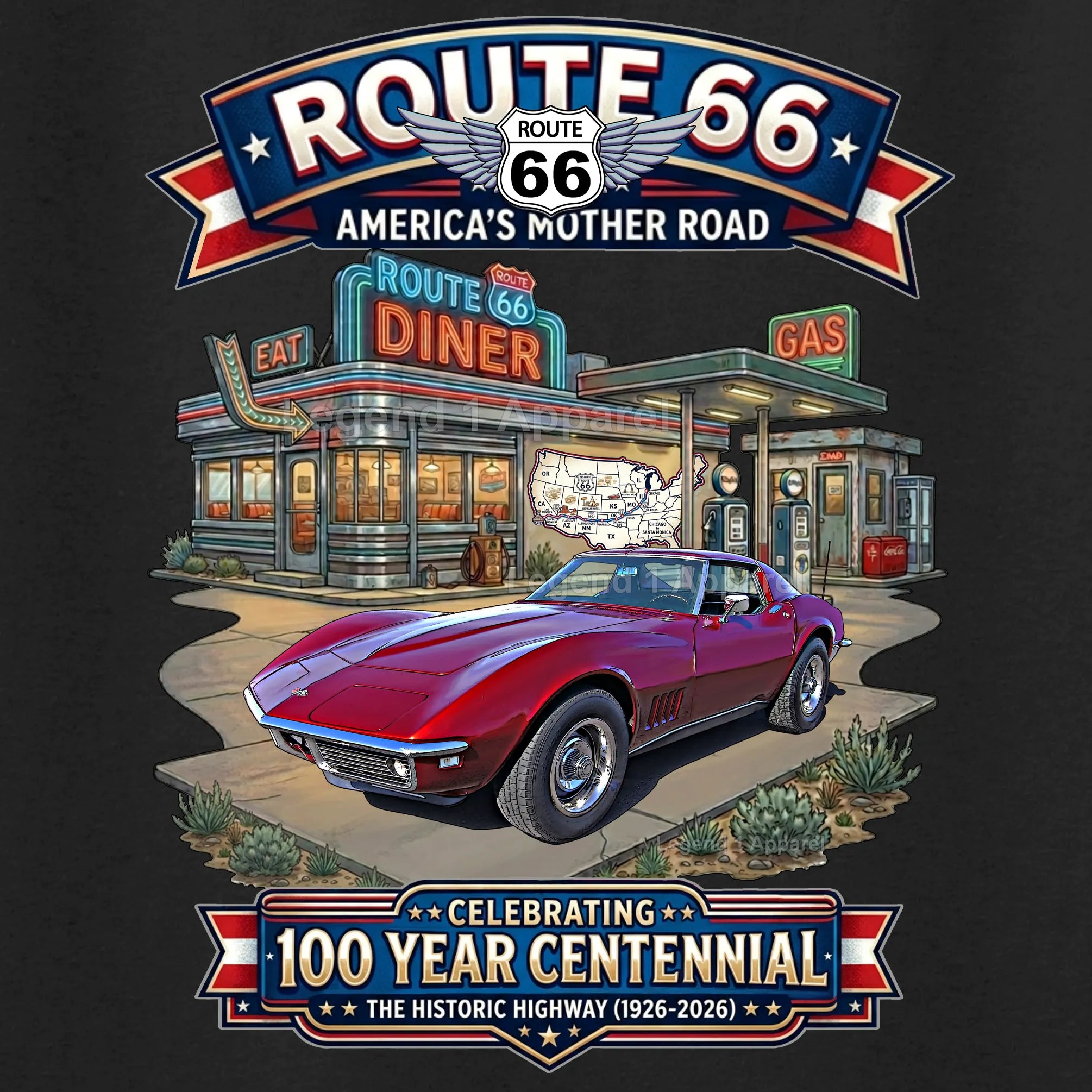 1969 Chevrolet Corvette C3 Classic Car Graphic Tee – Route 66 Centennial T-Shirt
