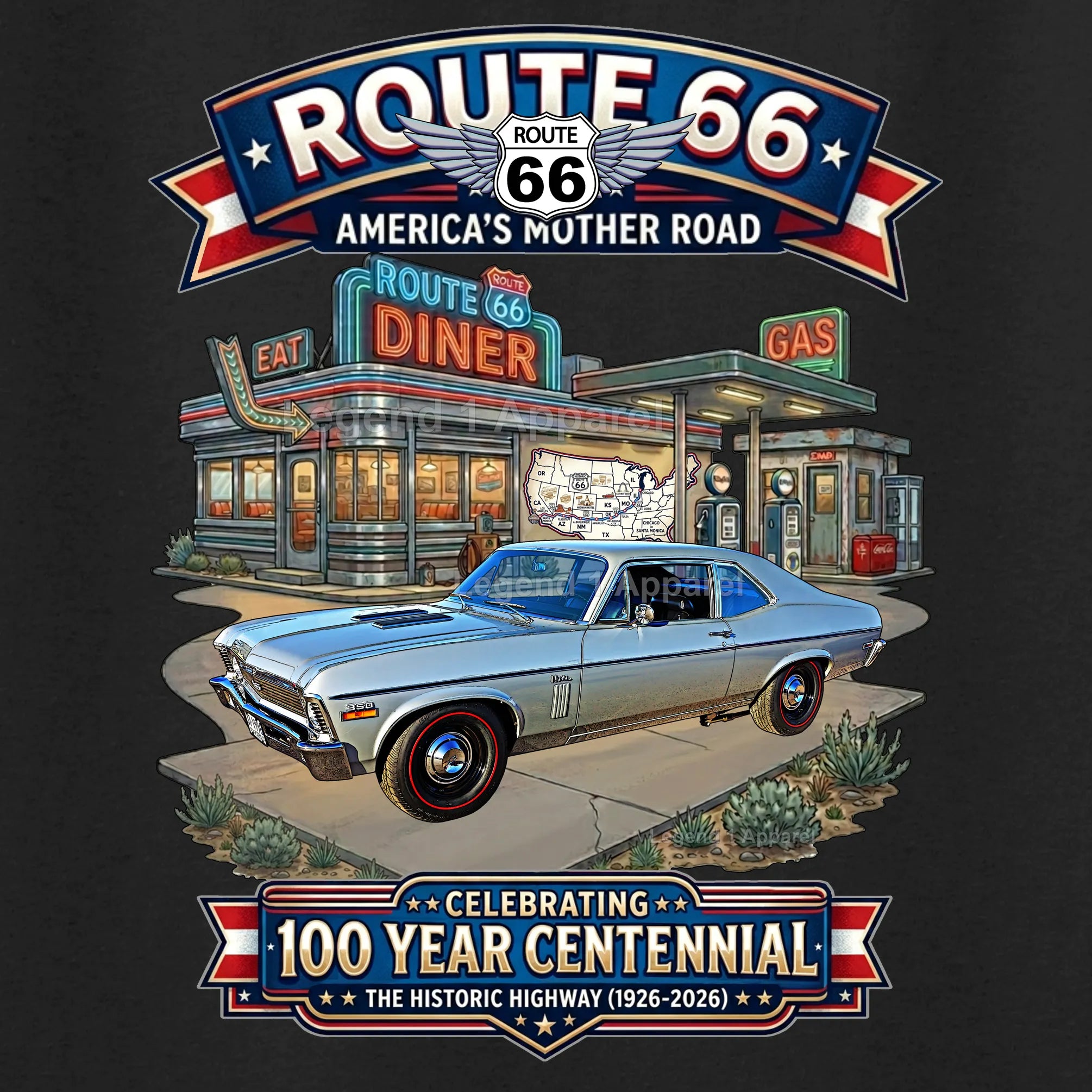 1970 Chevrolet Nova SS Classic Car Graphic Tee – Route 66 Centennial T-Shirt