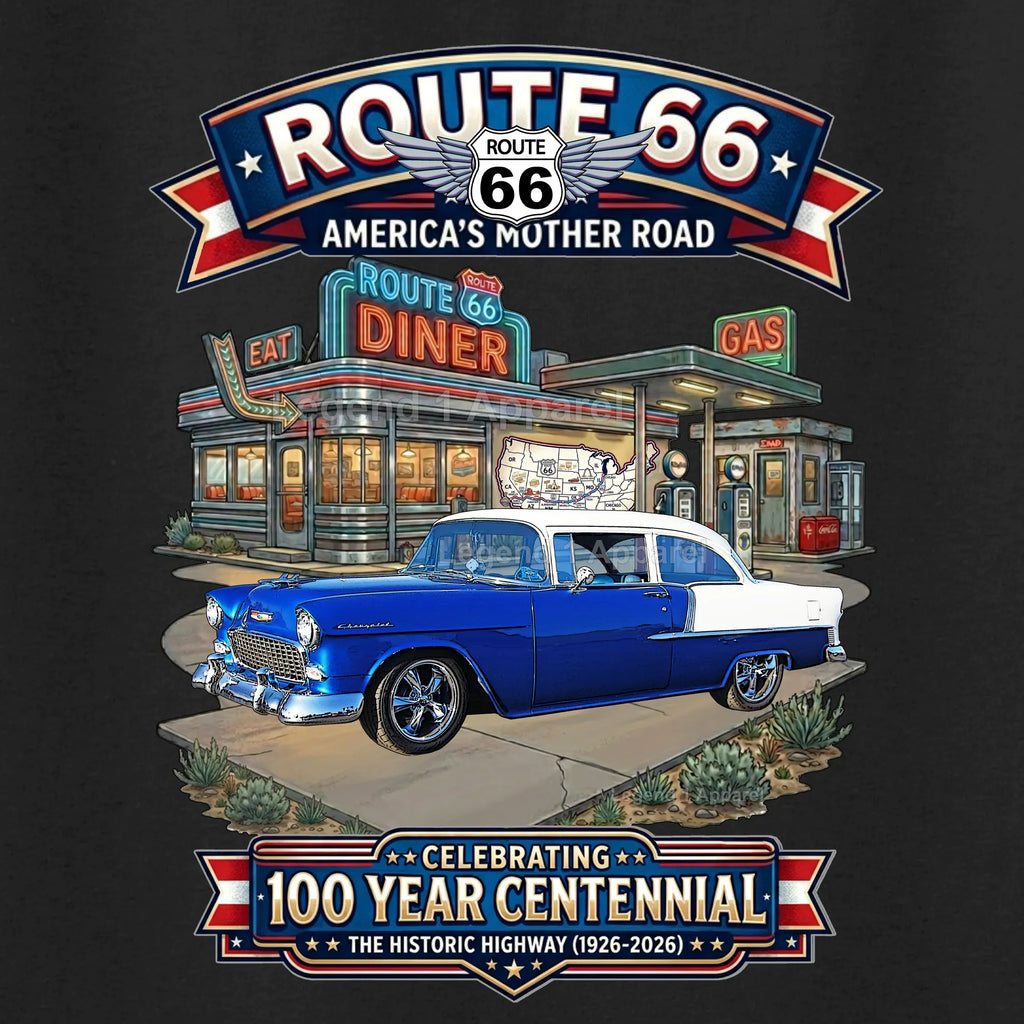 1955 Chevrolet Bel Air Coupe Classic Car Graphic Tee – Route 66 Centennial T-Shirt