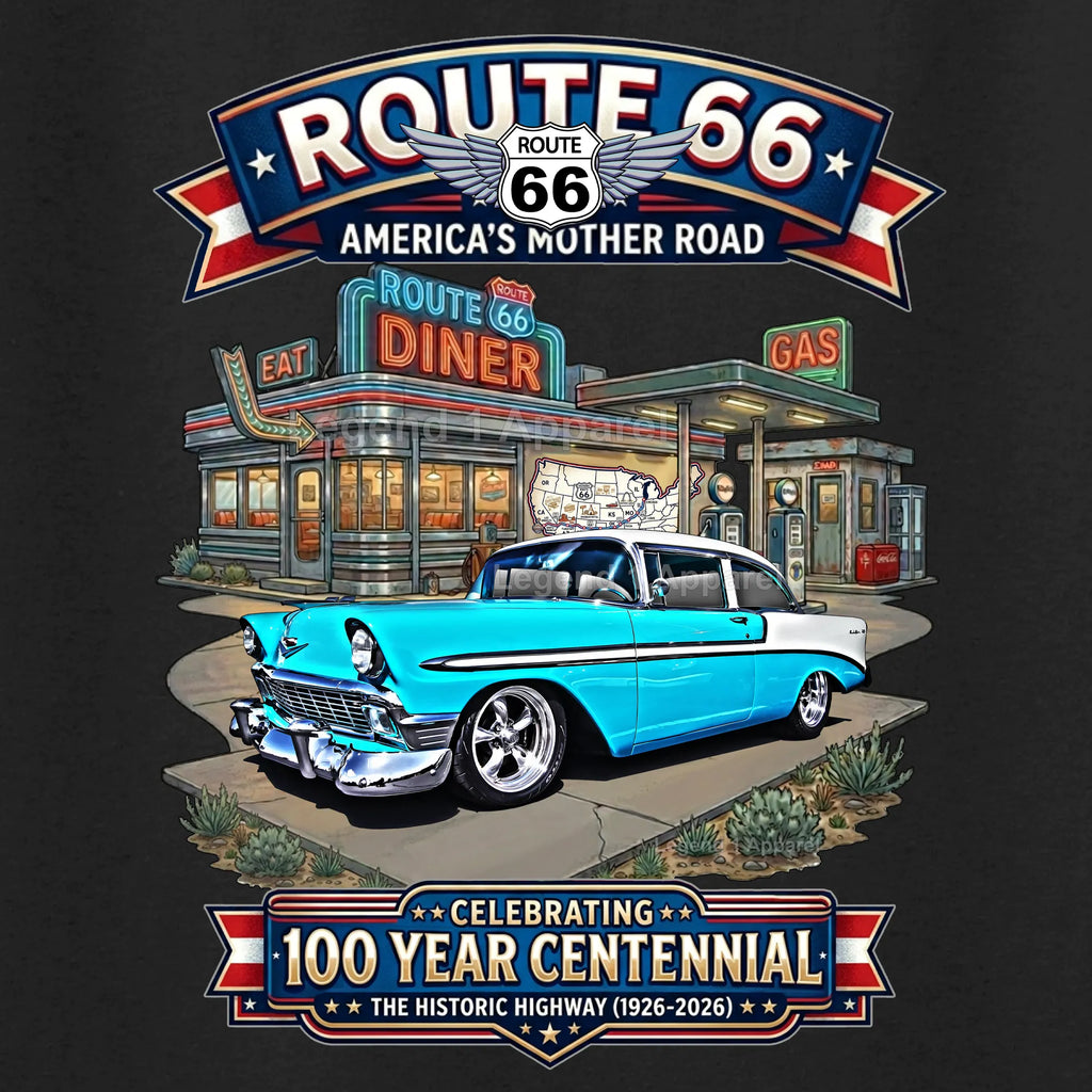 1956 Chevrolet Bel Air Coupe Classic Car Graphic Tee – Route 66 Centennial T-Shirt