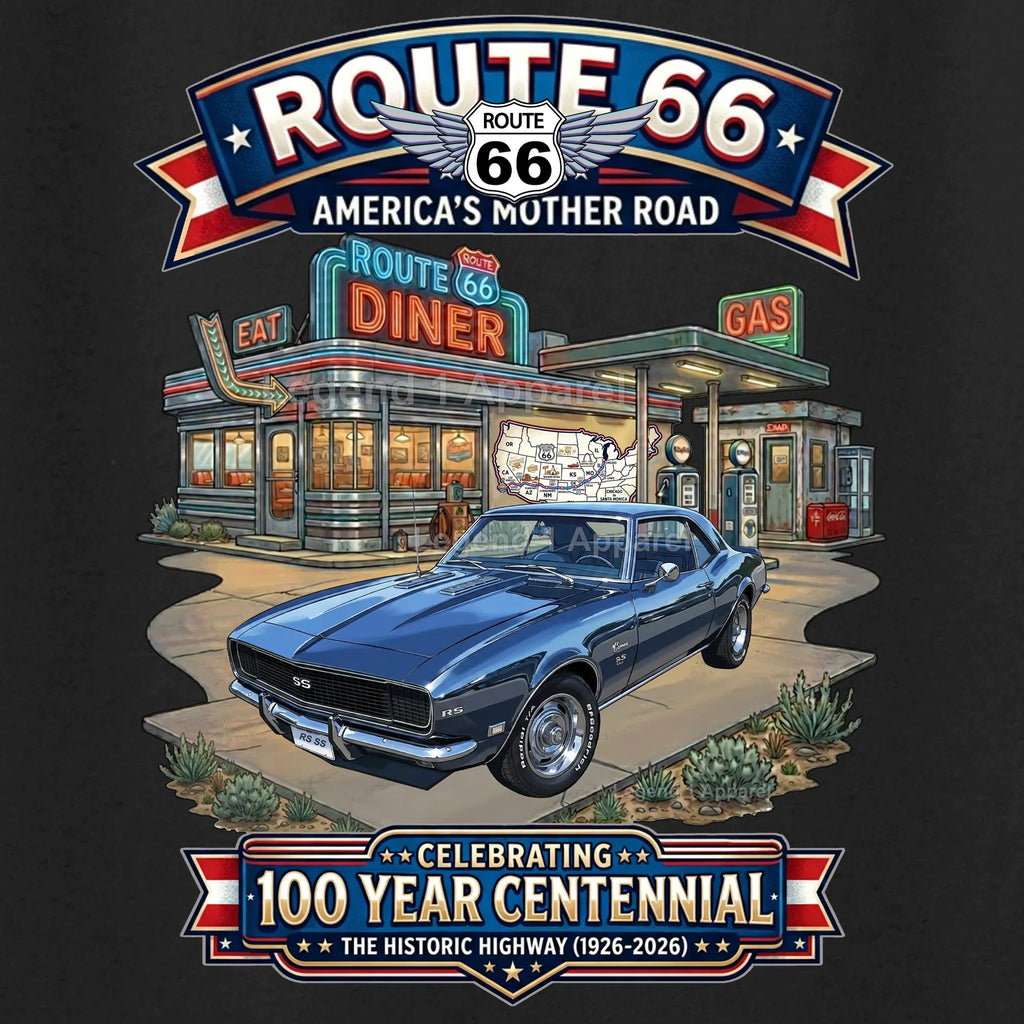 1968 Chevrolet Camaro Classic Car Graphic Tee – Route 66 Centennial T-Shirt