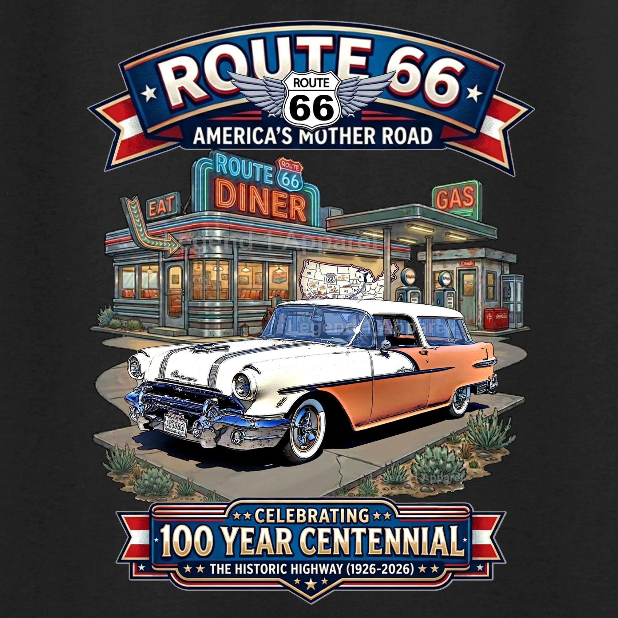 1956 Pontiac Safari Star Chief Station Wagon Classic Car Graphic Tee – Route 66 Centennial T-Shirt