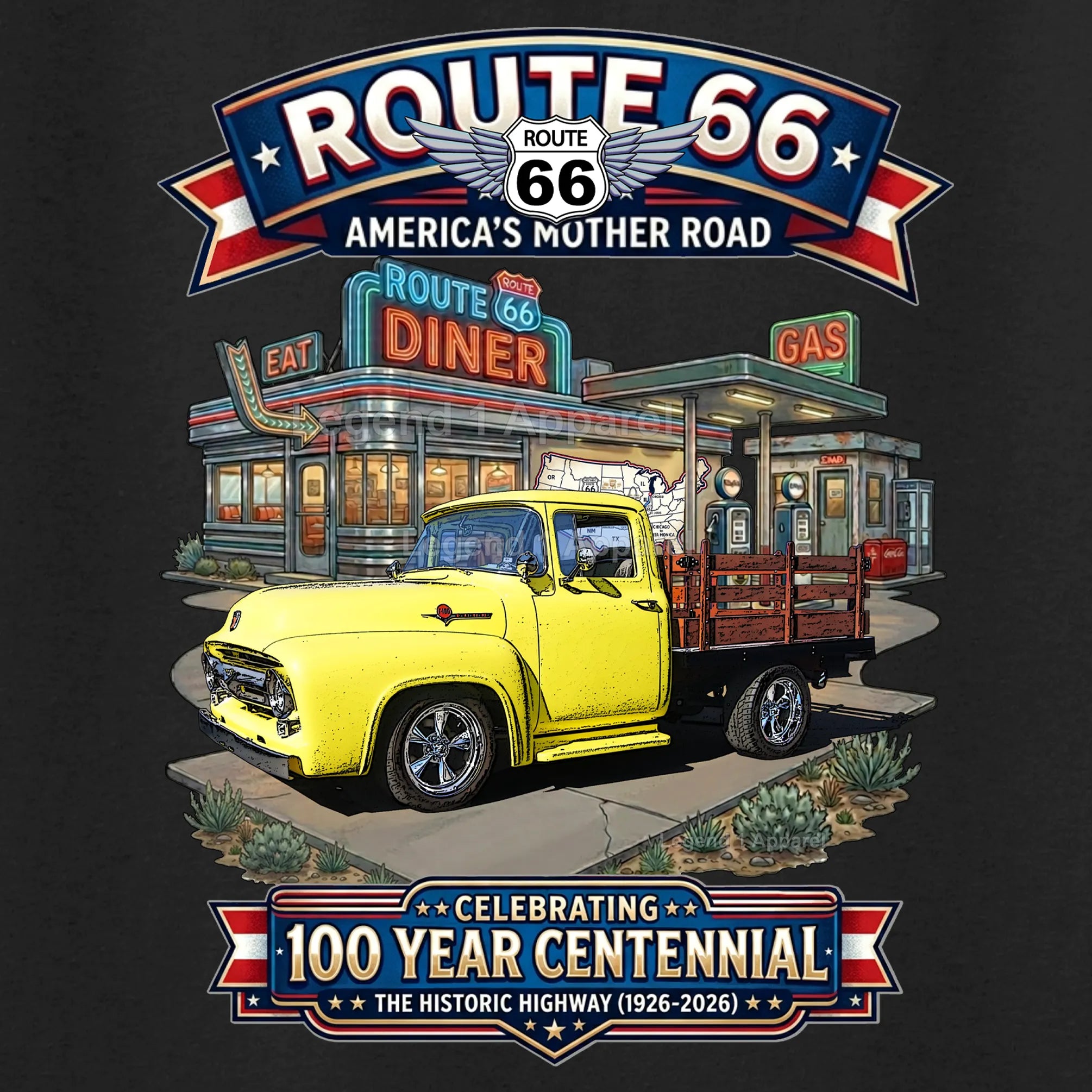 1956 Ford F100 Stake Bed Classic Truck Graphic Tee – Route 66 Centennial T-Shirt