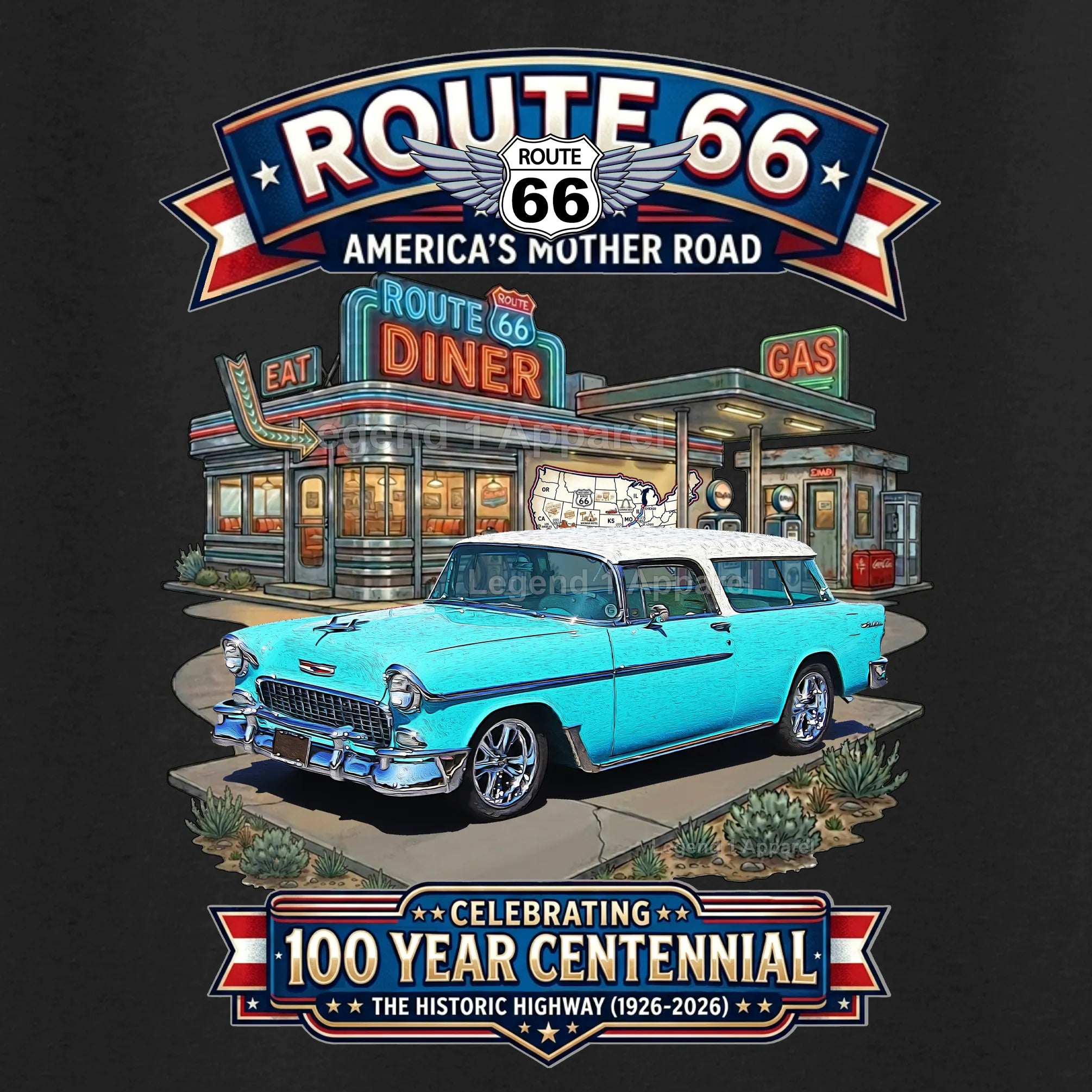 1955 Chevrolet Nomad Bel Air Classic Car Graphic Tee – Route 66 Centennial T-Shirt