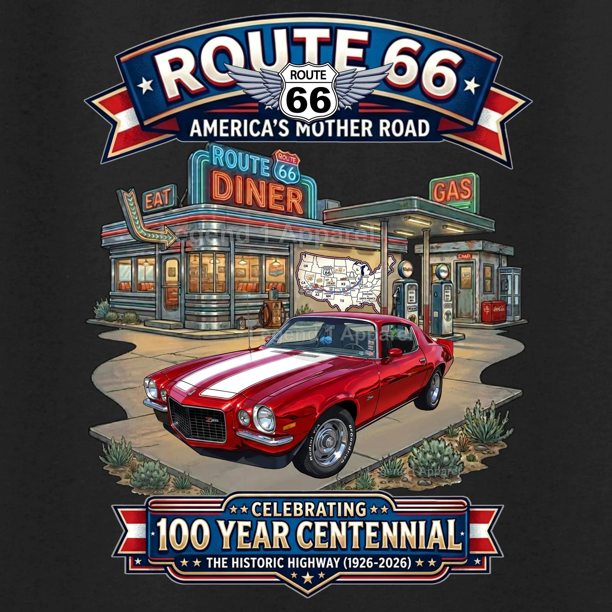 1970 Chevrolet Camaro Classic Car Graphic Tee – Route 66 Centennial T-Shirt