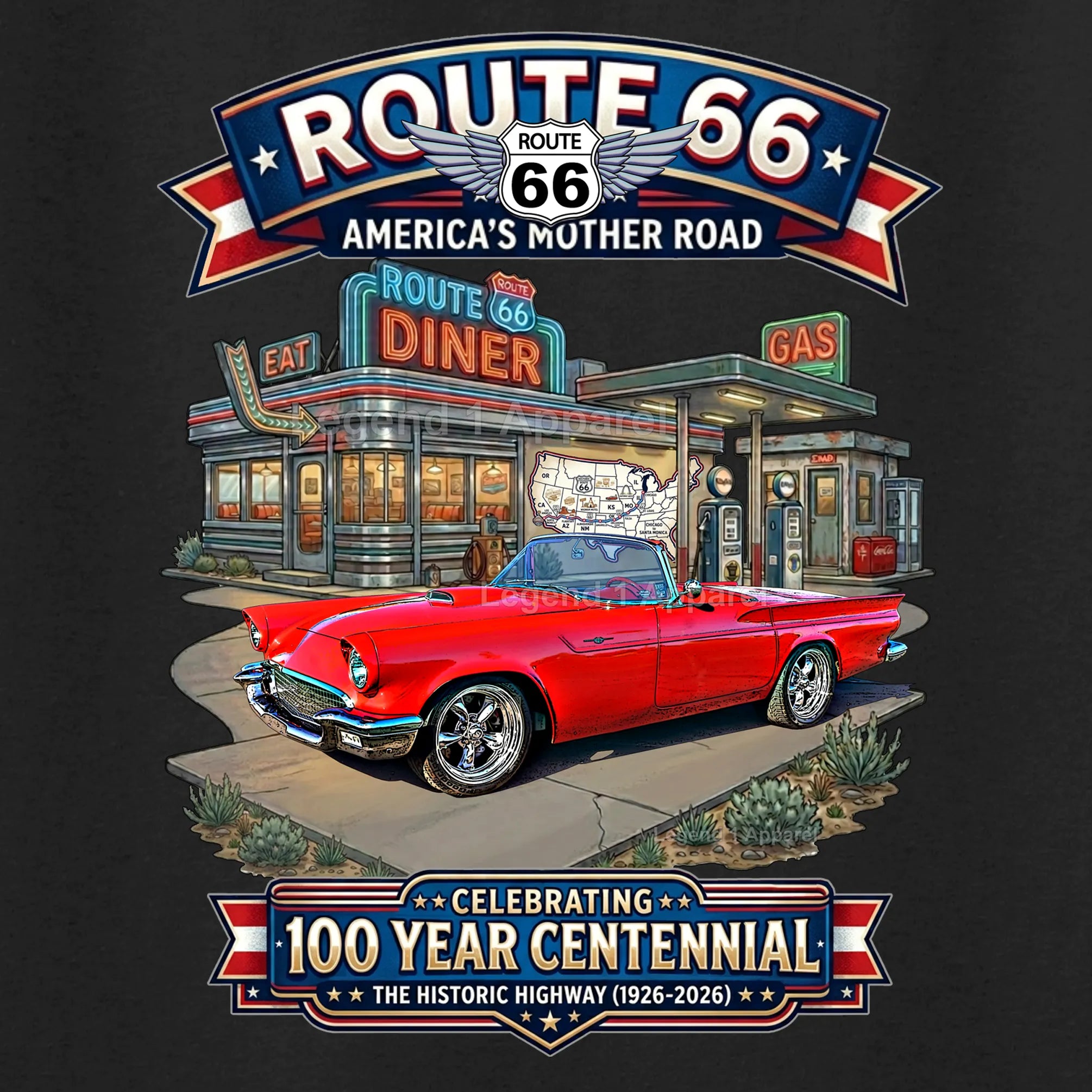 1957 Ford Thunderbird Classic Car Graphic Tee – Route 66 Centennial T-Shirt