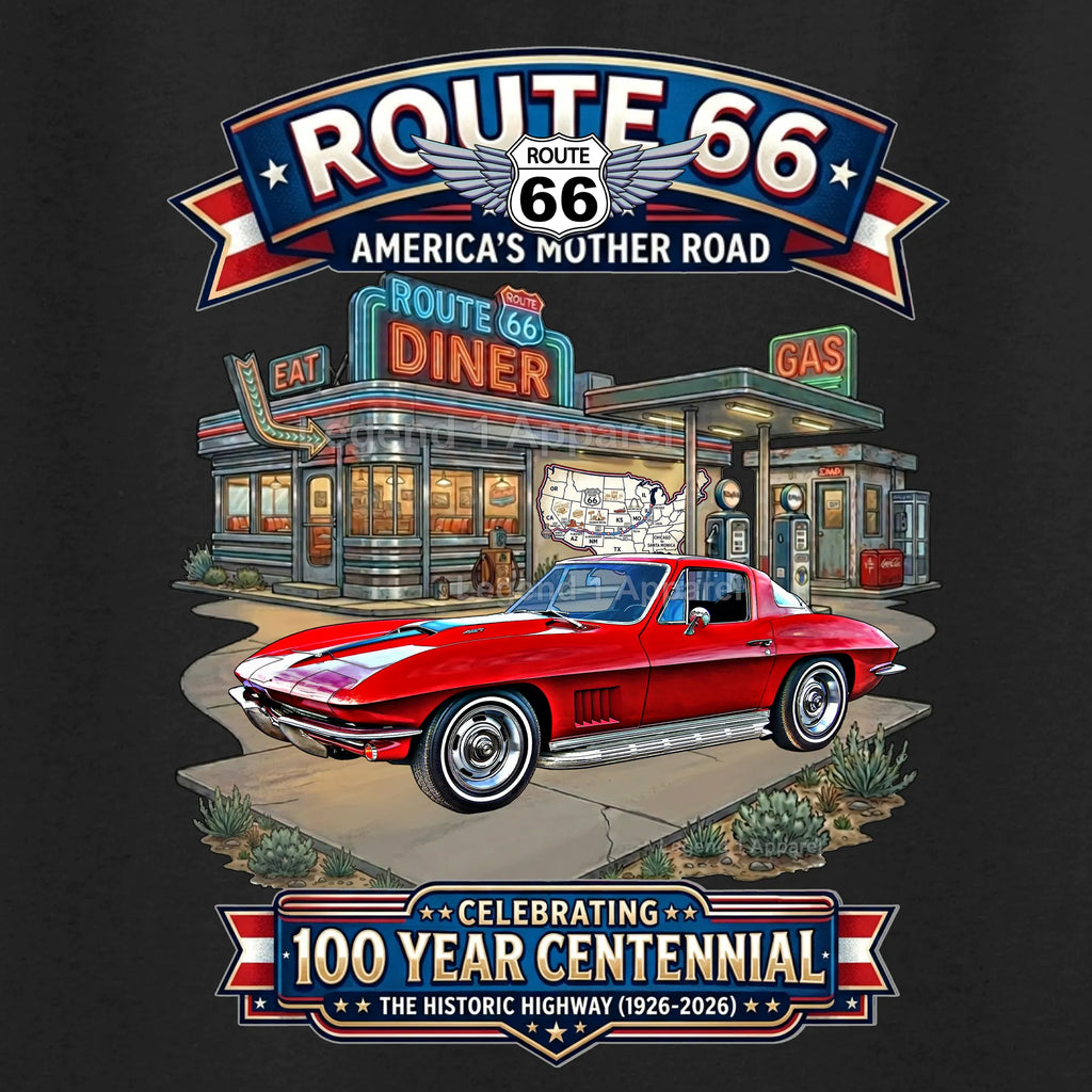 1967 Chevrolet Corvette C2 Classic Car Graphic Tee – Route 66 Centennial T-Shirt
