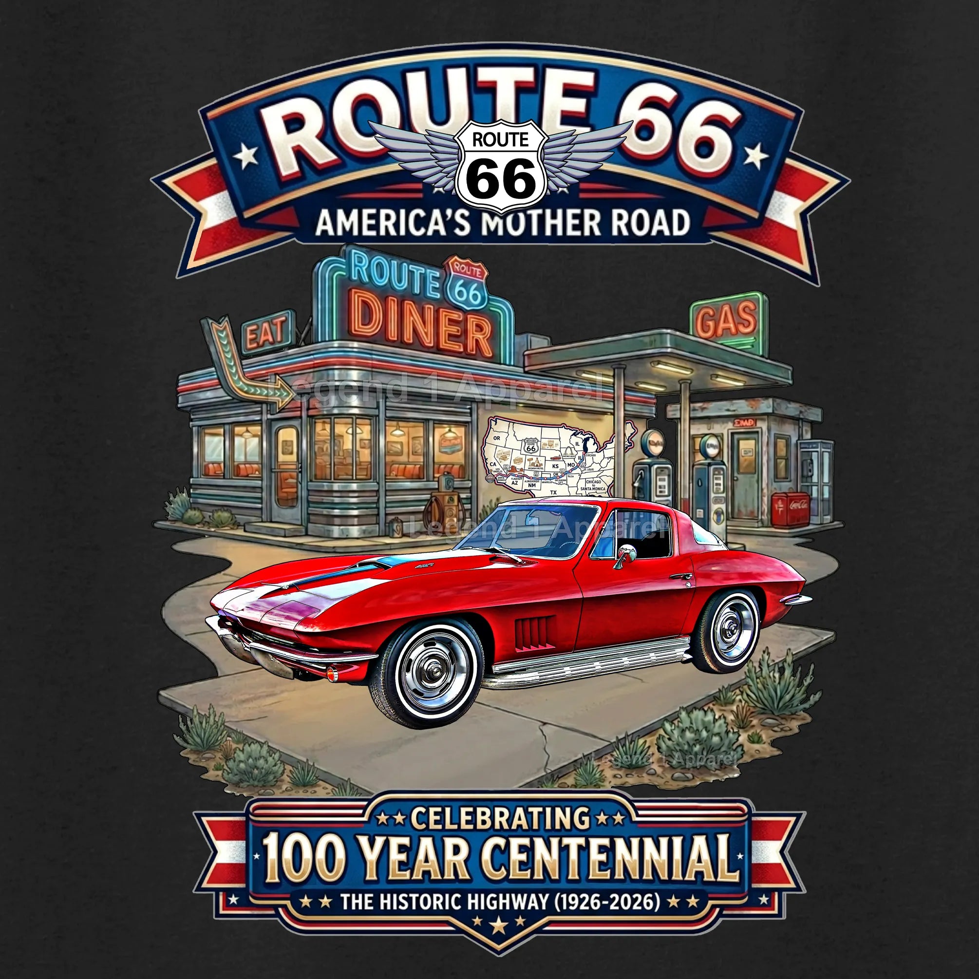 1967 Chevrolet Corvette C2 Classic Car Graphic Tee – Route 66 Centennial T-Shirt