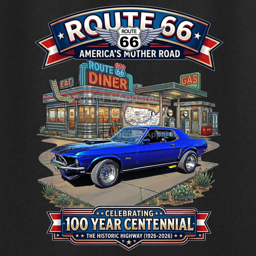 1969 Ford Mustang Hardtop Classic Car Graphic Tee – Route 66 Centennial T-Shirt