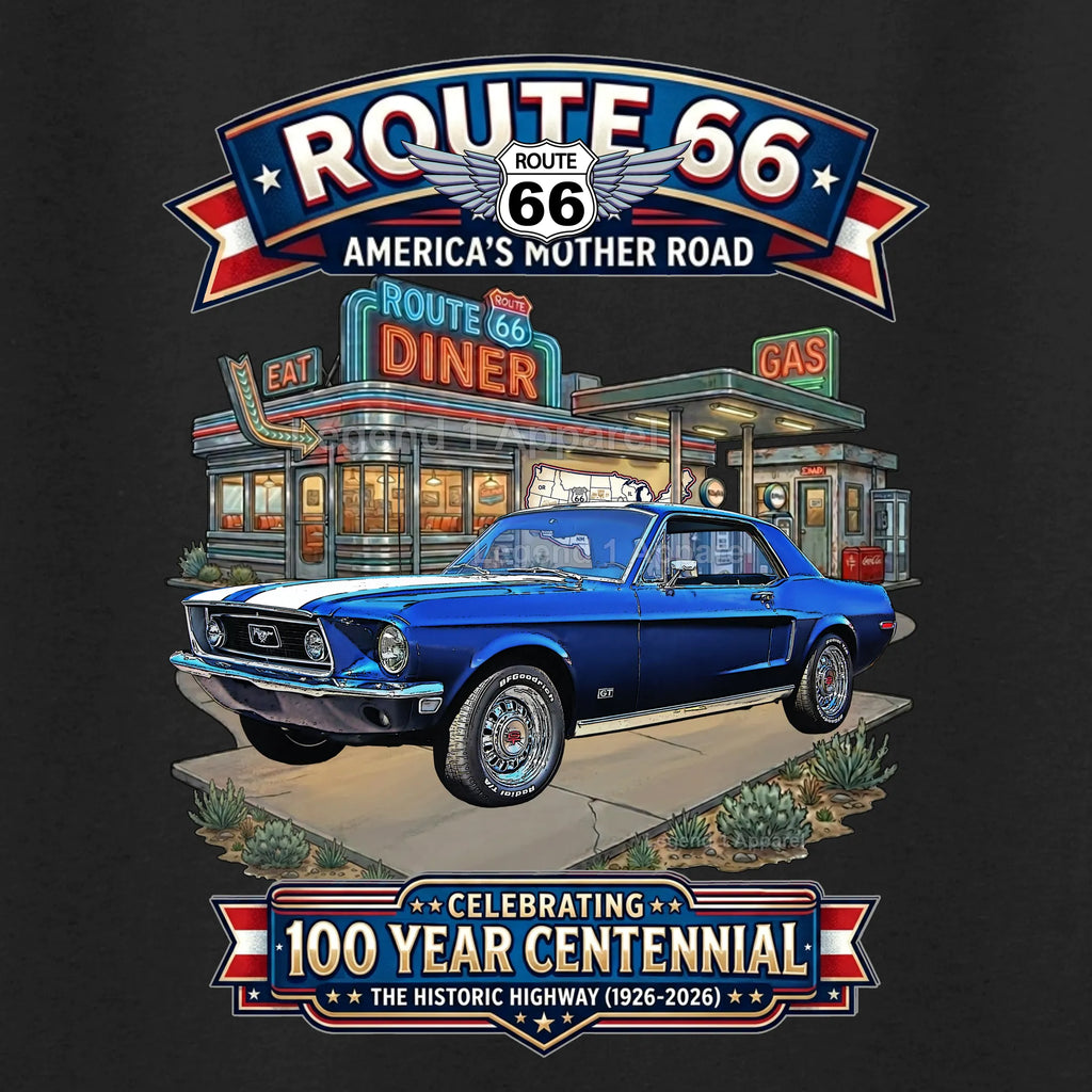 1968 Ford Mustang GT Classic Car Graphic Tee – Route 66 Centennial T-Shirt