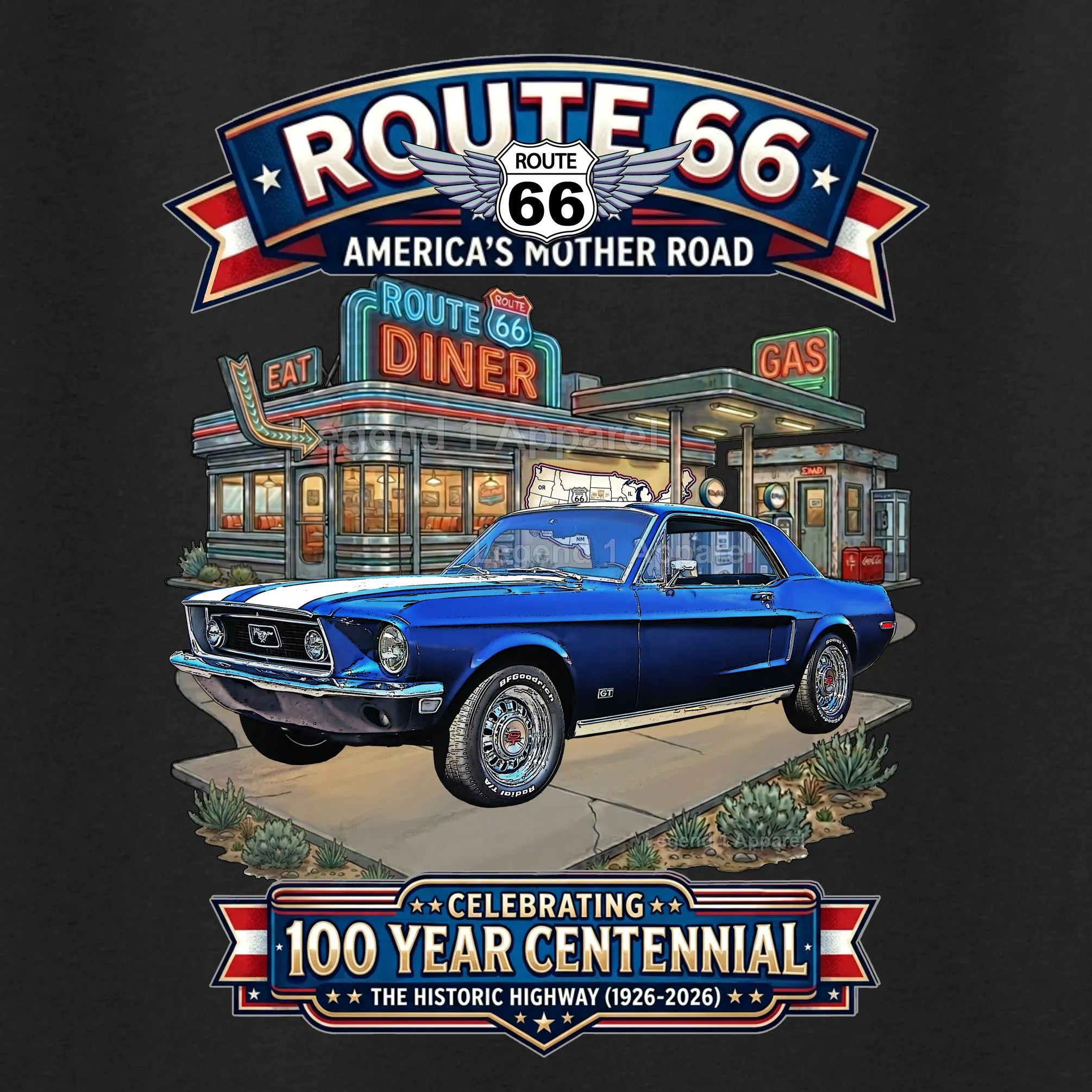 1968 Ford Mustang GT Classic Car Graphic Tee – Route 66 Centennial T-Shirt