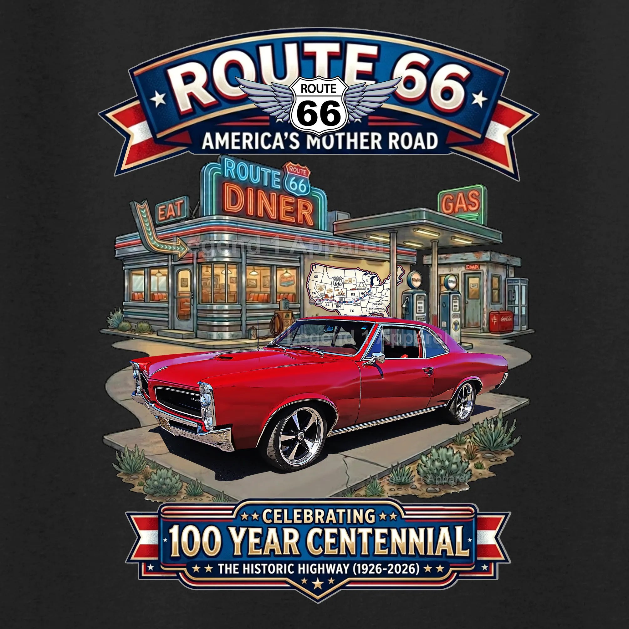 1965 Pontiac Le mans Classic Car Graphic Tee – Route 66 Centennial T-Shirt