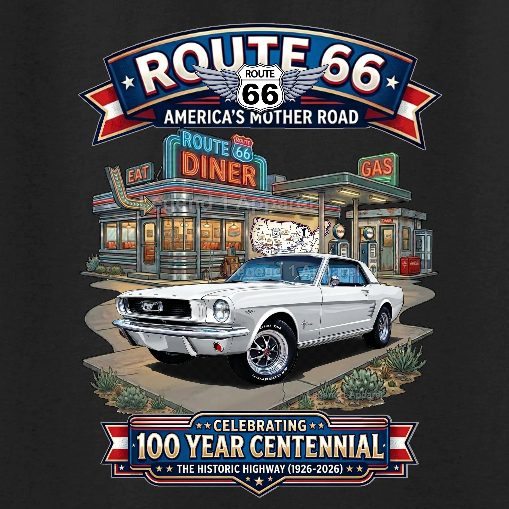 1966 Ford Mustang Hardtop Classic Car Graphic Tee – Route 66 Centennial T-Shirt