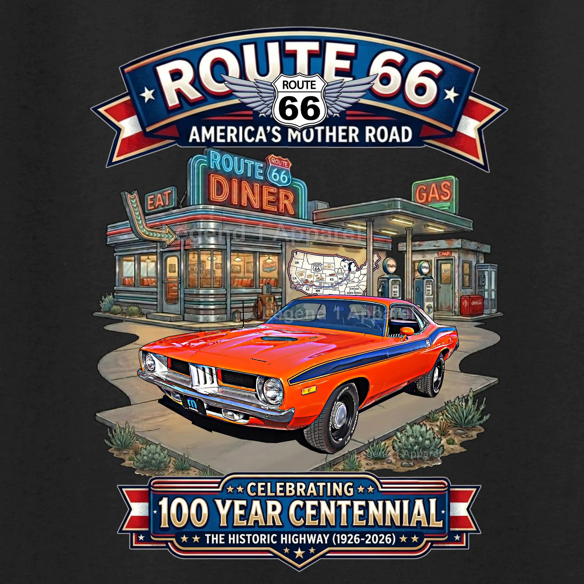 1972 Plymouth Cuda Classic Car Graphic Tee – Route 66 Centennial T-Shirt