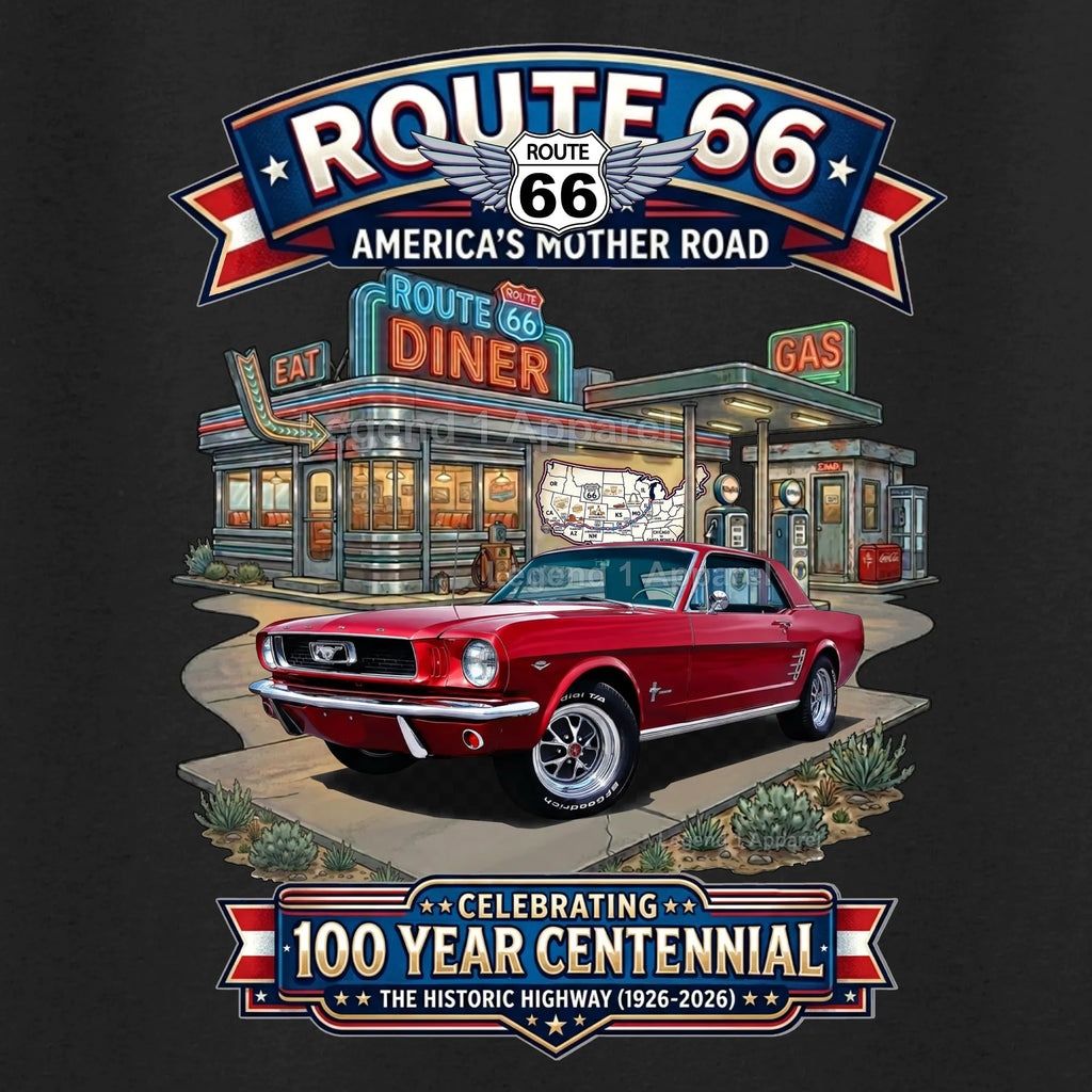 1966 Ford Mustang Hardtop Classic Car Graphic Tee – Route 66 Centennial T-Shirt