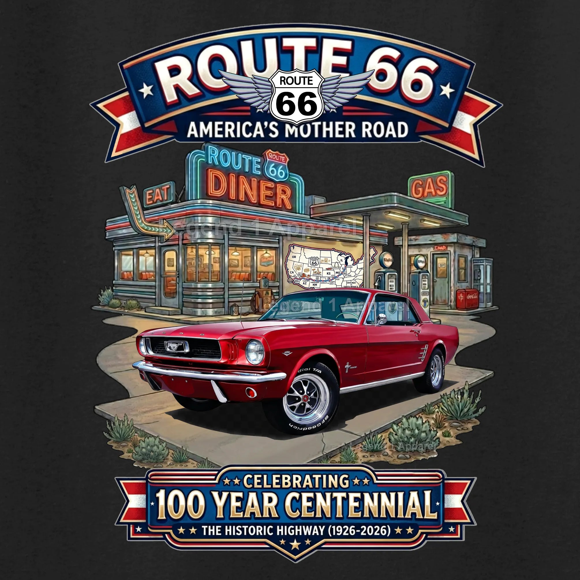 1966 Ford Mustang Hardtop Classic Car Graphic Tee – Route 66 Centennial T-Shirt