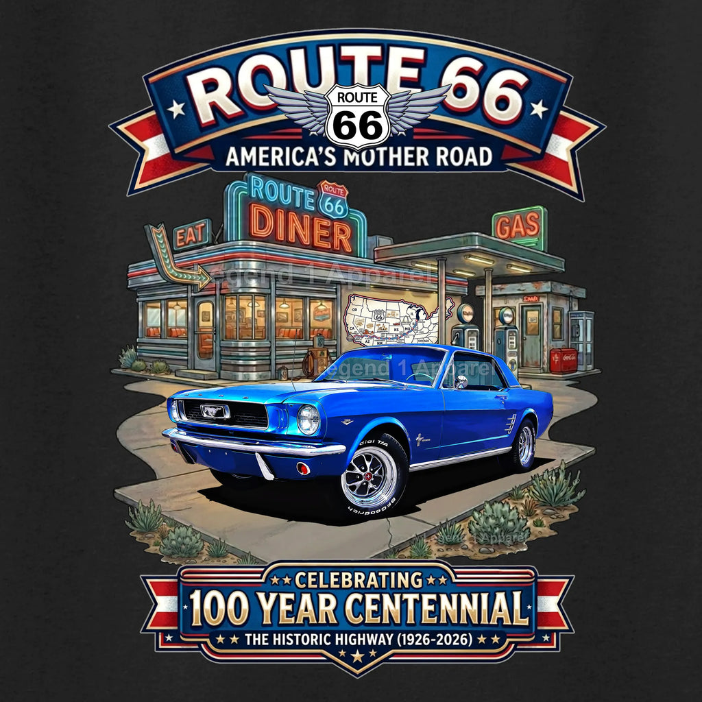 1966 Ford Mustang Hardtop Classic Car Graphic Tee – Route 66 Centennial T-Shirt