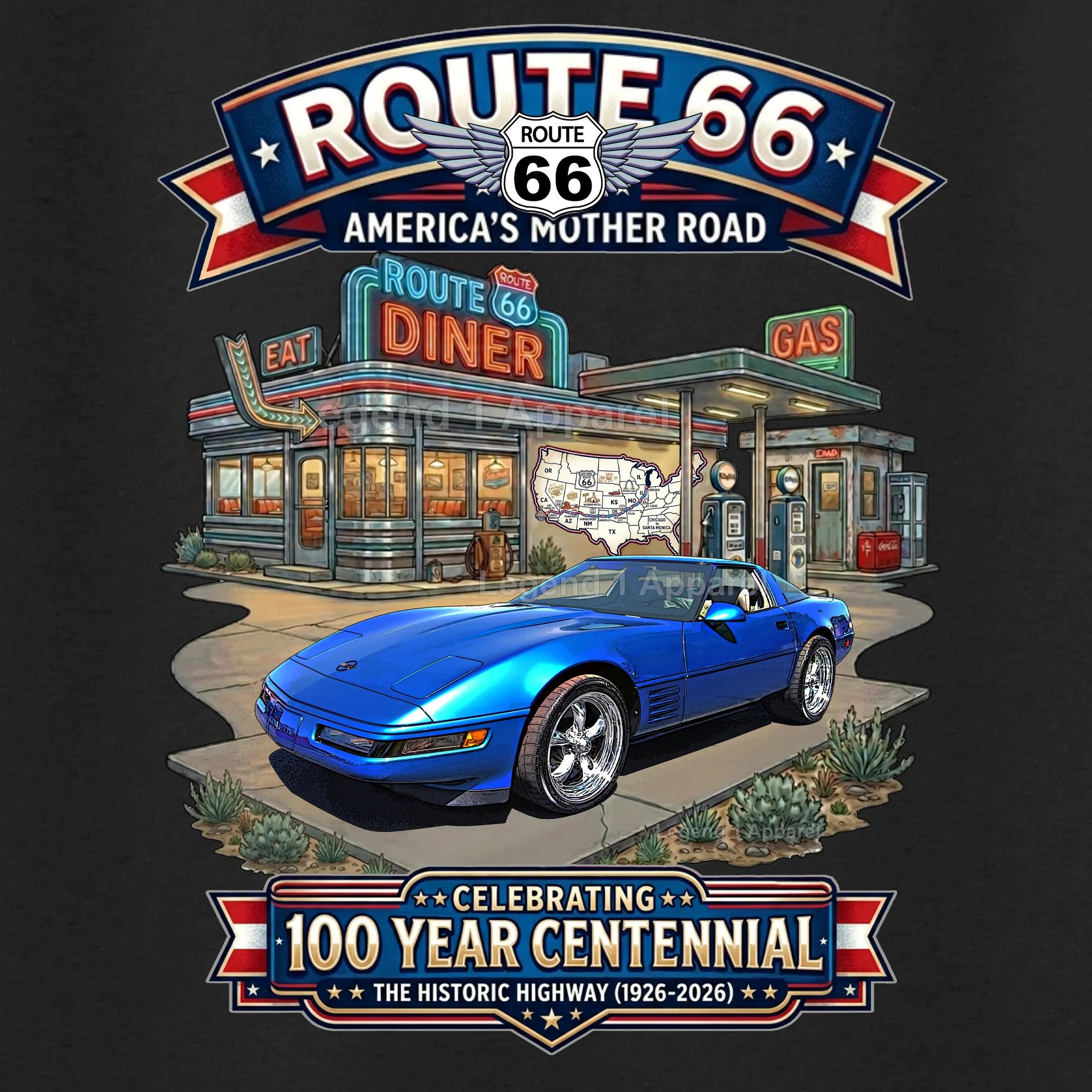 1992 Chevrolet Corvette C4 Classic Car Graphic Tee – Route 66 Centennial T-Shirt