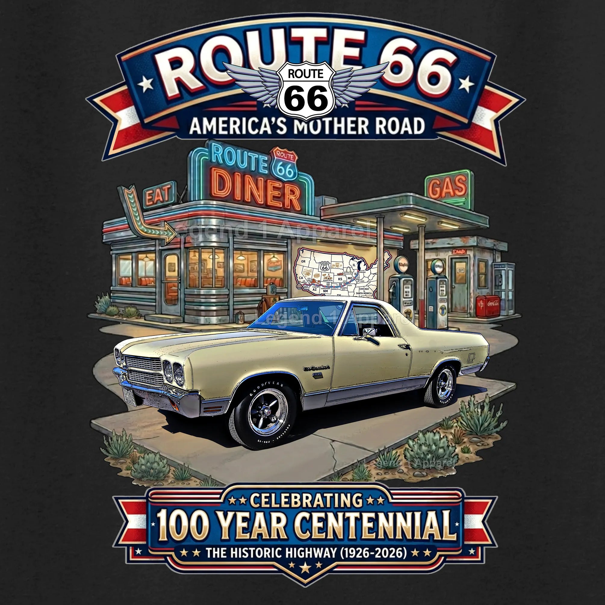 1970 Chevrolet El Camino Classic Truck Graphic Tee – Route 66 Centennial T-Shirt