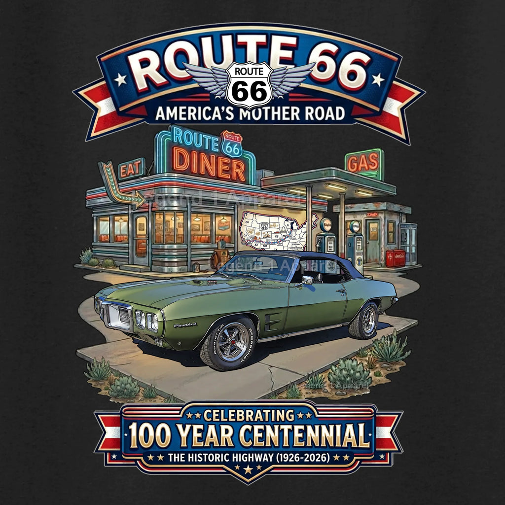 1969 Pontiac Firebird Classic Car Graphic Tee – Route 66 Centennial T-Shirt