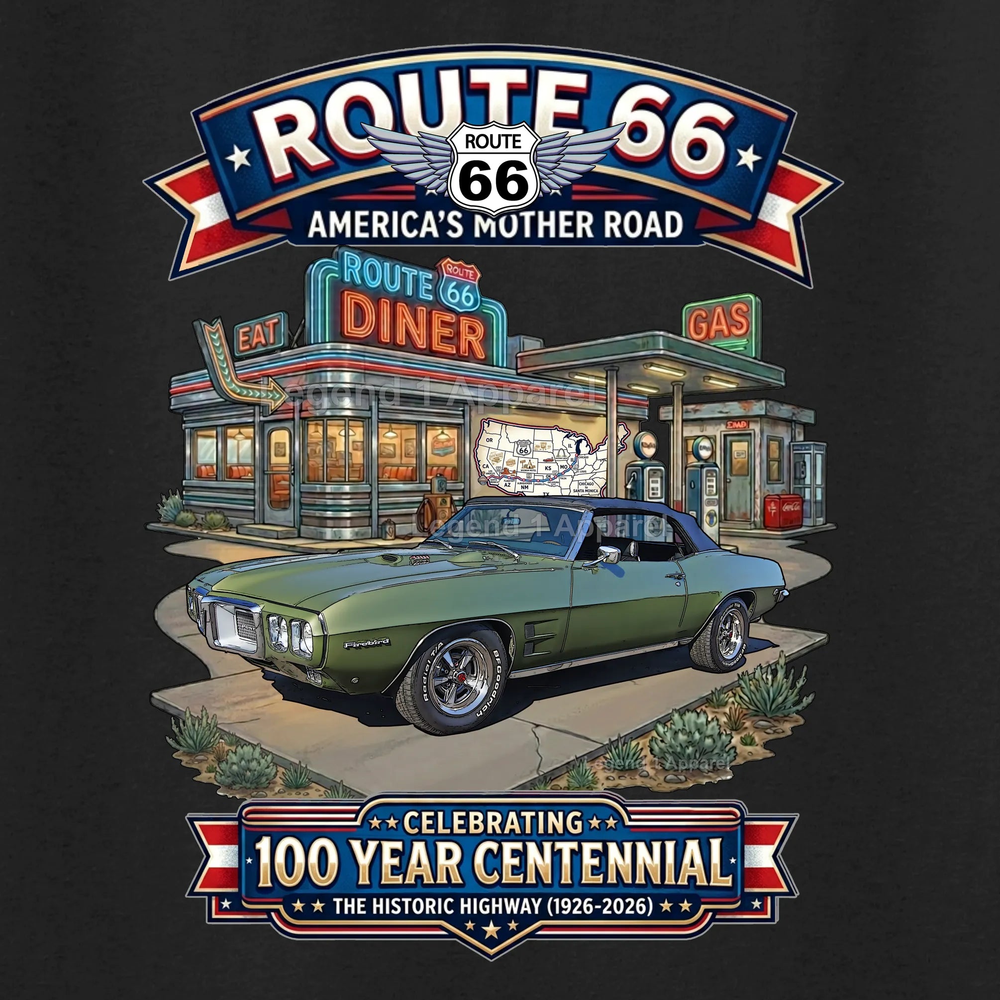 1969 Pontiac Firebird Classic Car Graphic Tee – Route 66 Centennial T-Shirt
