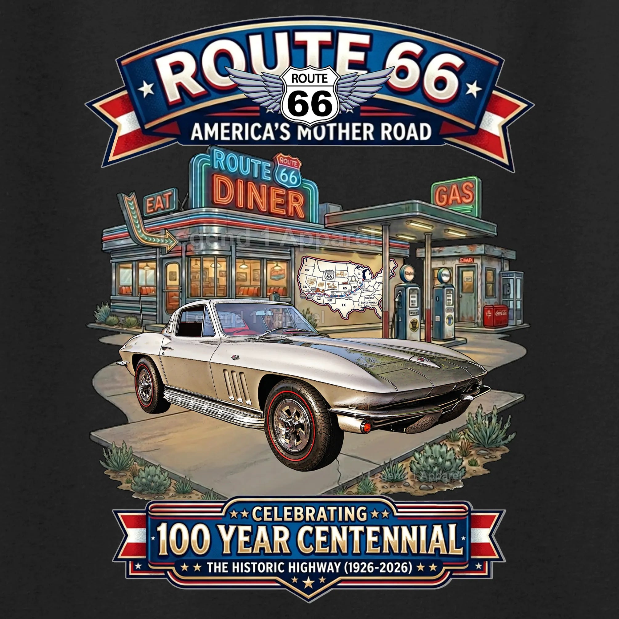 1965 Chevrolet Corvette C2 Classic Car Graphic Tee – Route 66 Centennial T-Shirt