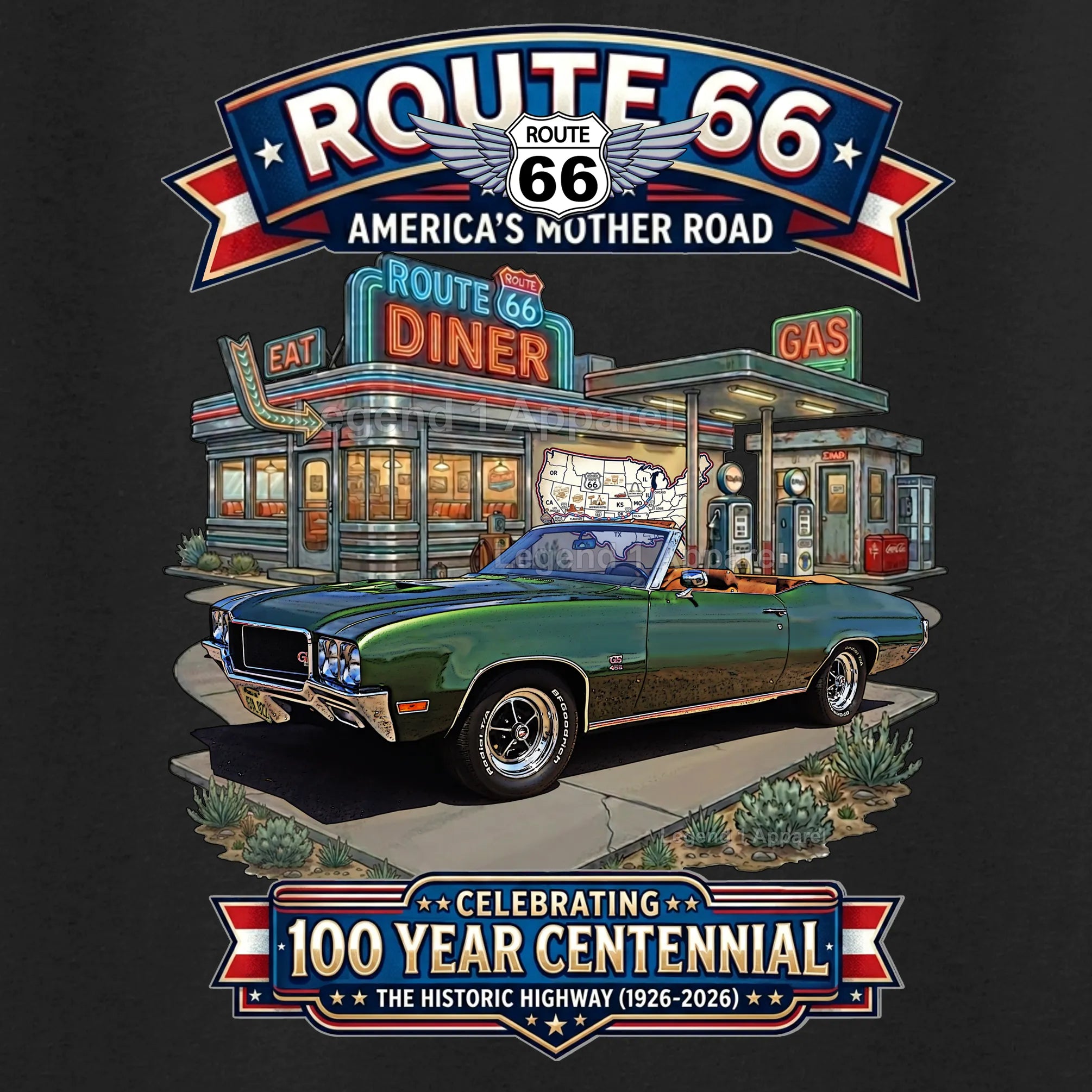 1970 Buick GS 455 Convertible Classic Car Graphic Tee – Route 66 Centennial T-Shirt