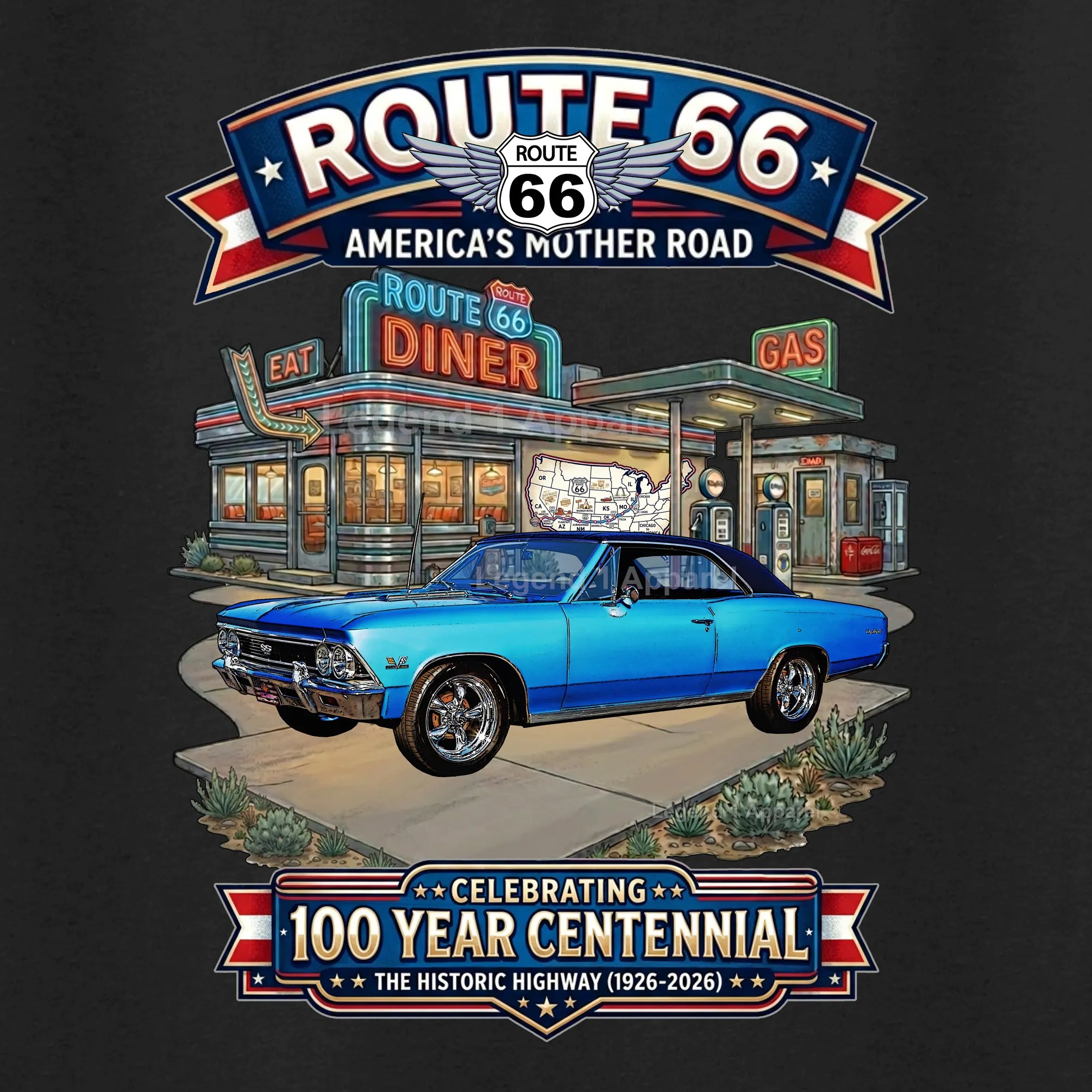 1966 Chevrolet Chevelle SS Classic Car Graphic Tee – Route 66 Centennial T-Shirt