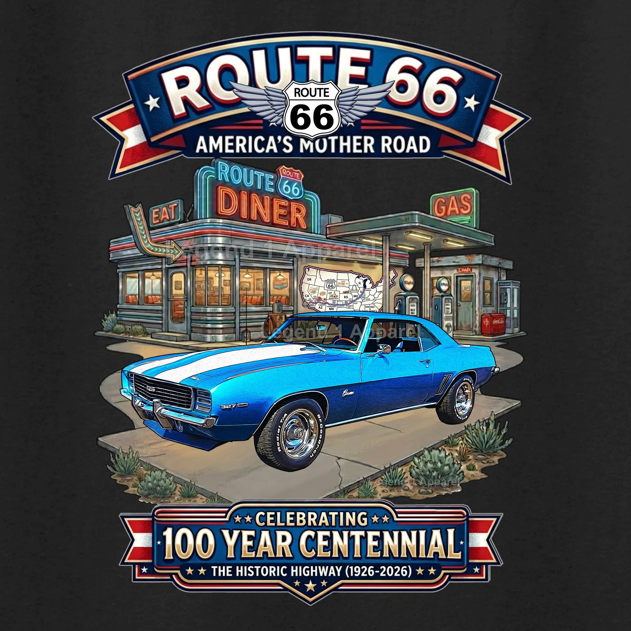 1969 Chevrolet Camaro Classic Car Graphic Tee – Route 66 Centennial T-Shirt