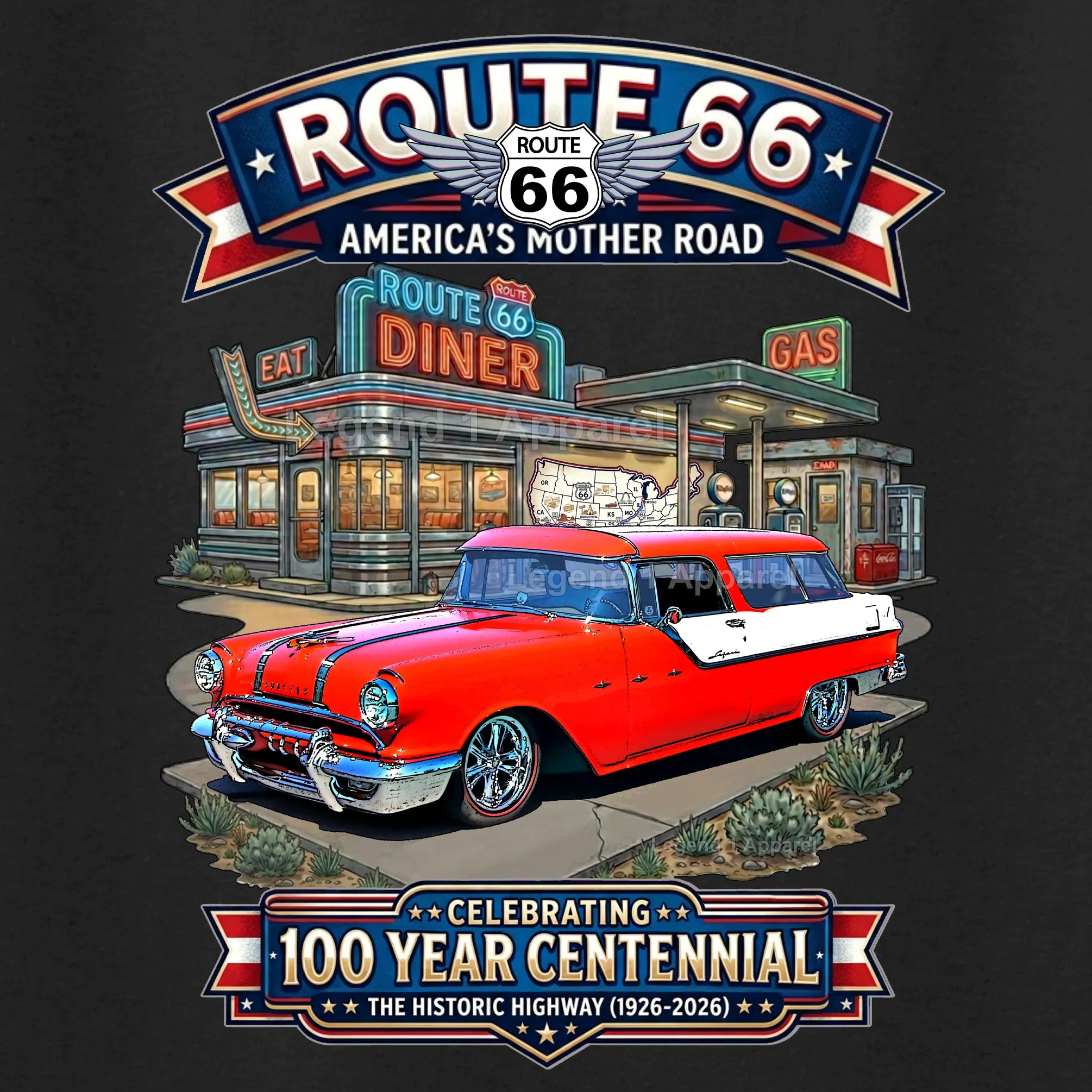 1955 Pontiac Safari Wagon Classic Car Graphic Tee – Route 66 Centennial T-Shirt