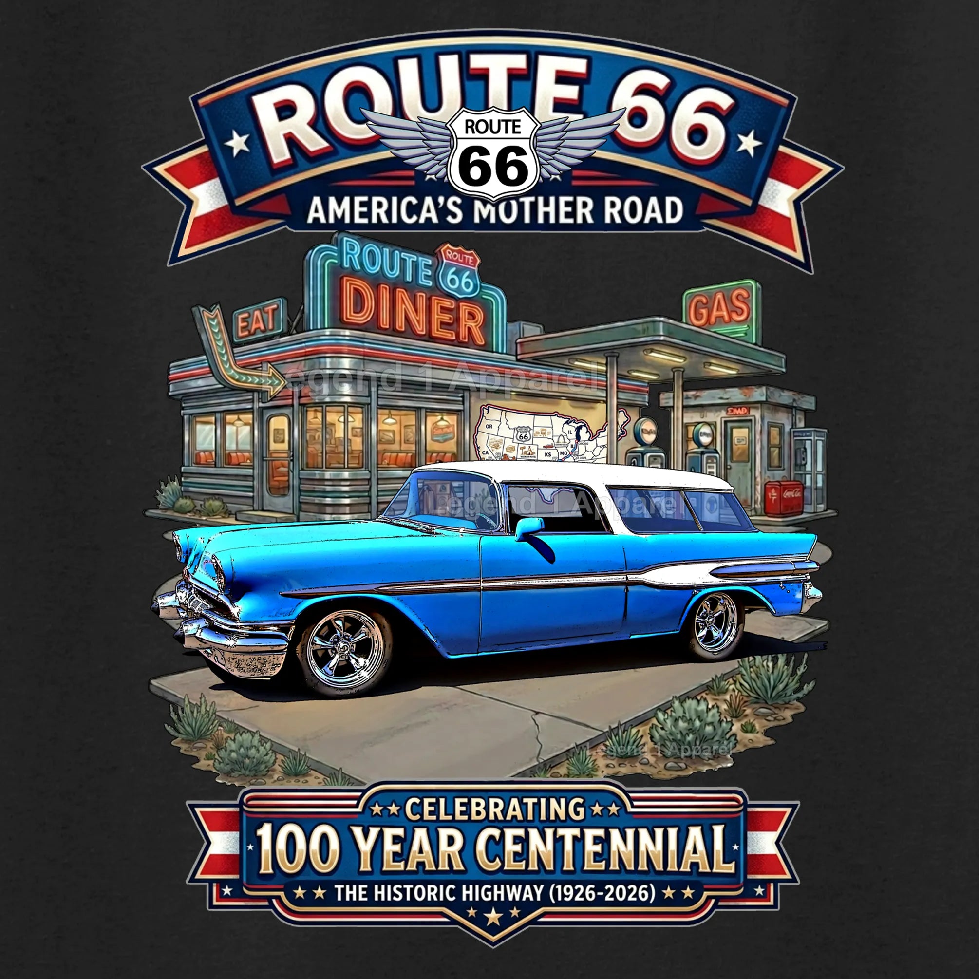 1957 Pontiac Safari Station Wagon Classic Car Graphic Tee – Route 66 Centennial T-Shirt