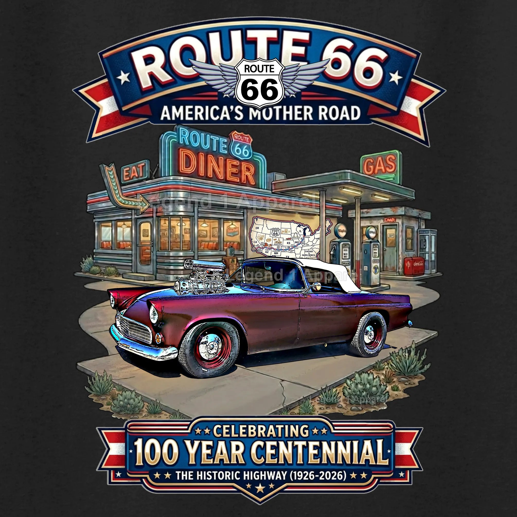 1955 Ford Thunderbird Classic Car Graphic Tee – Route 66 Centennial T-Shirt