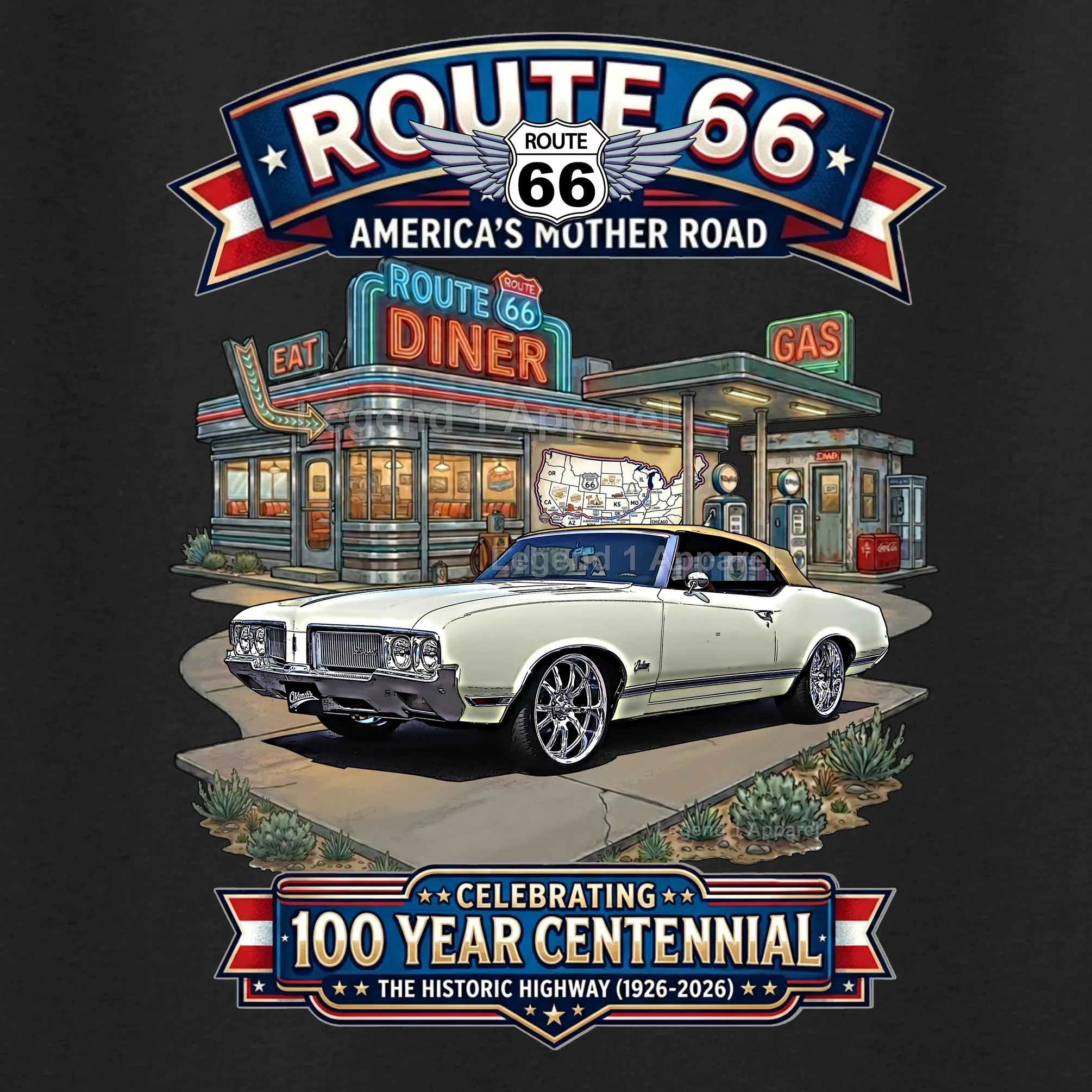 1970 Oldsmobile Cutlass Supreme Convertible Classic Car Graphic Tee – Route 66 Centennial T-Shirt