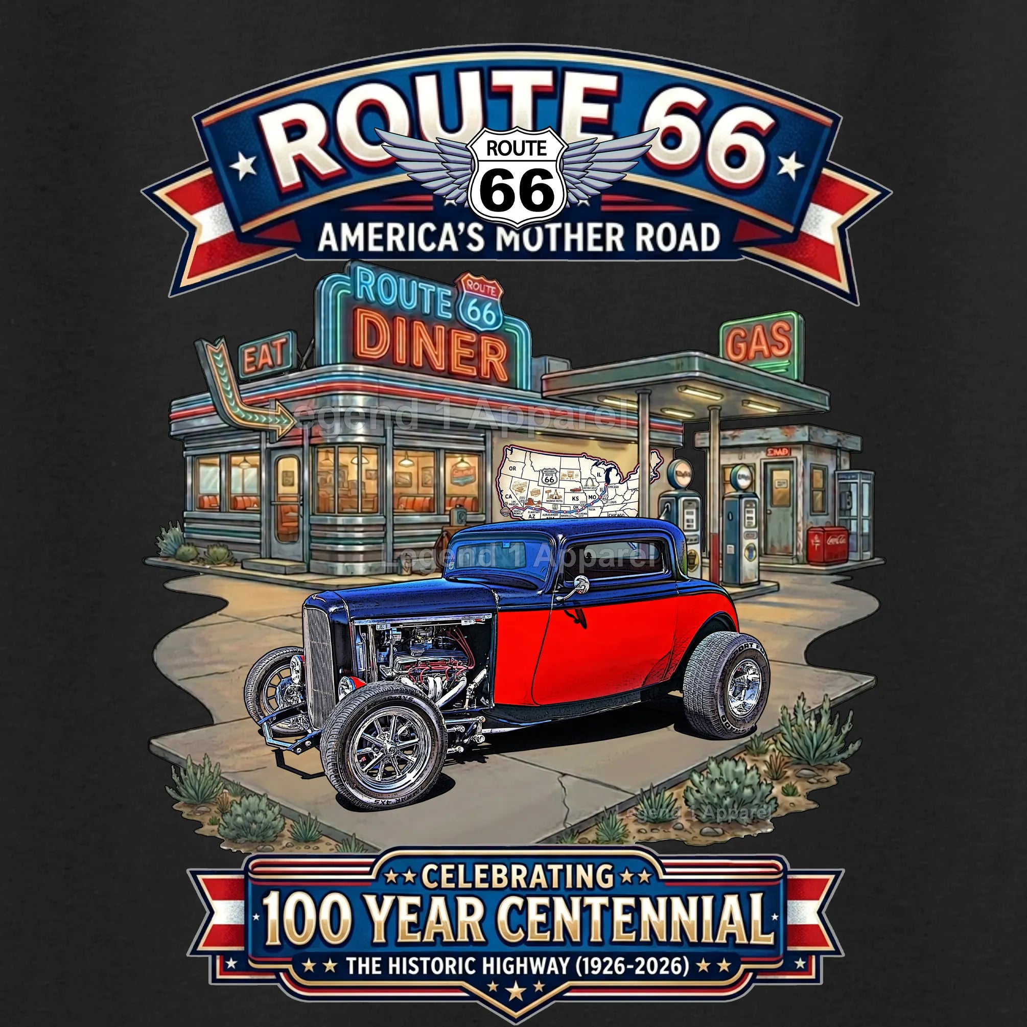 1932 Ford Deuce Coupe Classic Car Graphic Tee – Route 66 Centennial T-Shirt