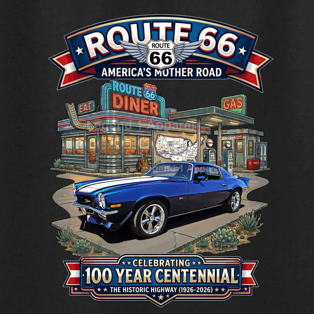 1973 Chevrolet Camaro Classic Car Graphic Tee – Route 66 Centennial T-Shirt