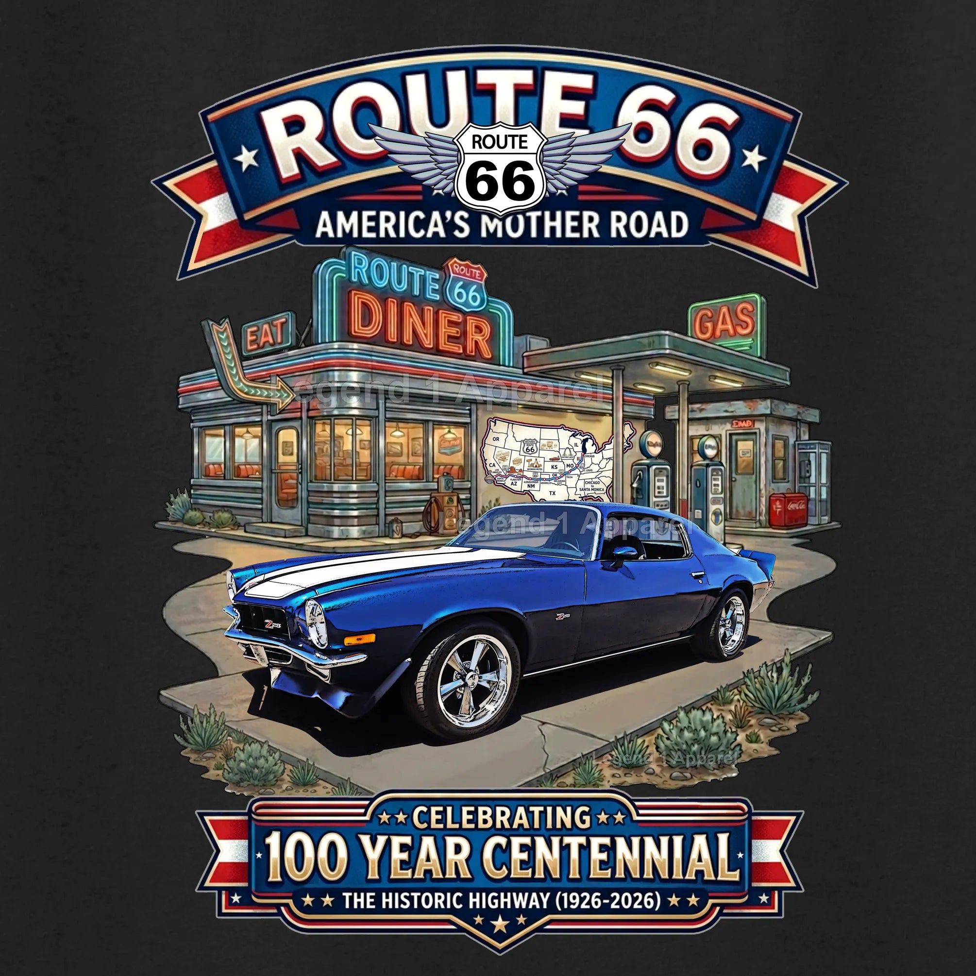 1973 Chevrolet Camaro Classic Car Graphic Tee – Route 66 Centennial T-Shirt