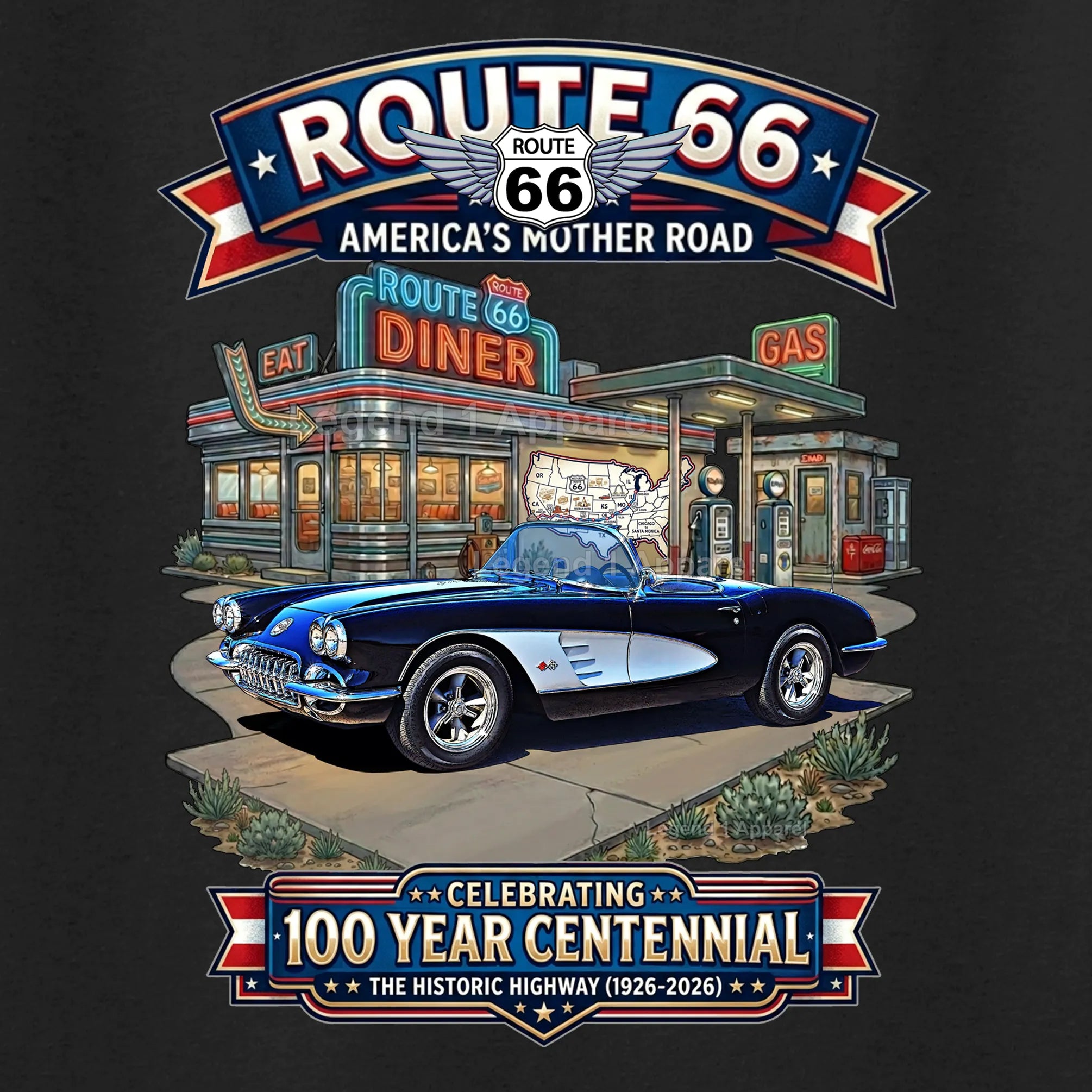 1960 Chevrolet Corvette C1 Classic Car Graphic Tee – Route 66 Centennial T-Shirt