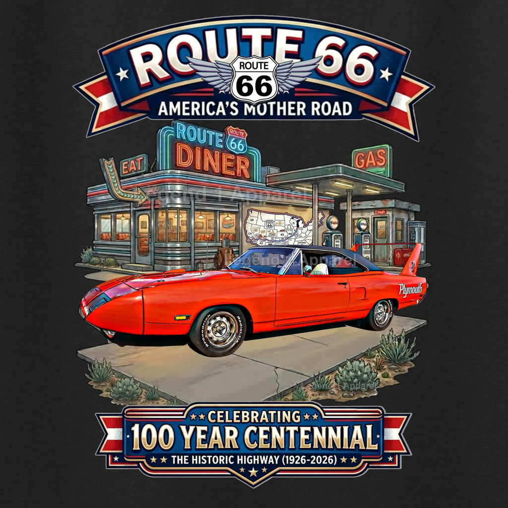 1970 Plymouth Roadrunner Superbird Classic Car Graphic Tee – Route 66 Centennial T-Shirt