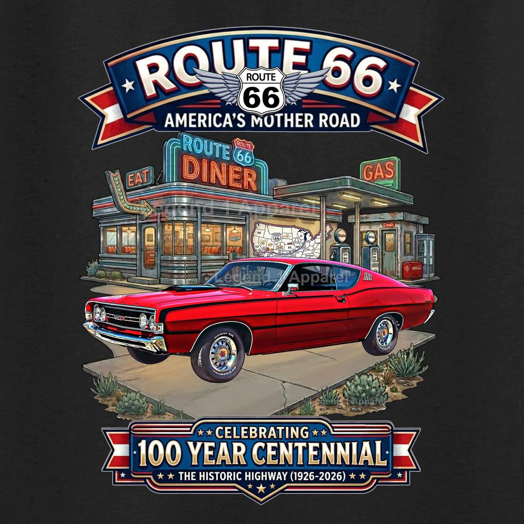 1968 Ford Torino GT Classic Car Graphic Tee – Route 66 Centennial T-Shirt