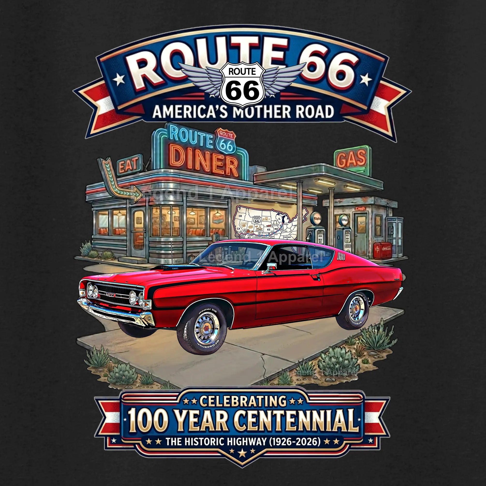 1968 Ford Torino GT Classic Car Graphic Tee – Route 66 Centennial T-Shirt