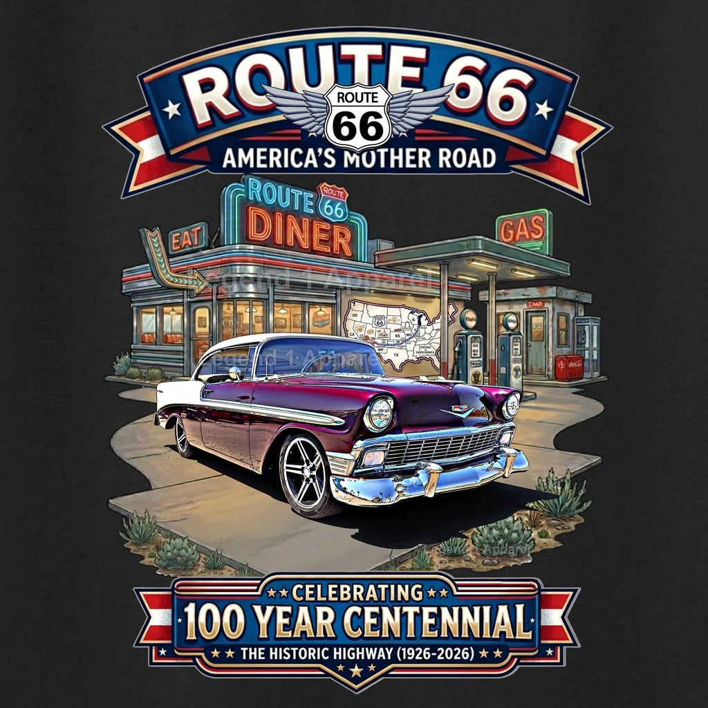 1956 Chevrolet Bel Air Coupe Classic Car Graphic Tee – Route 66 Centennial T-Shirt