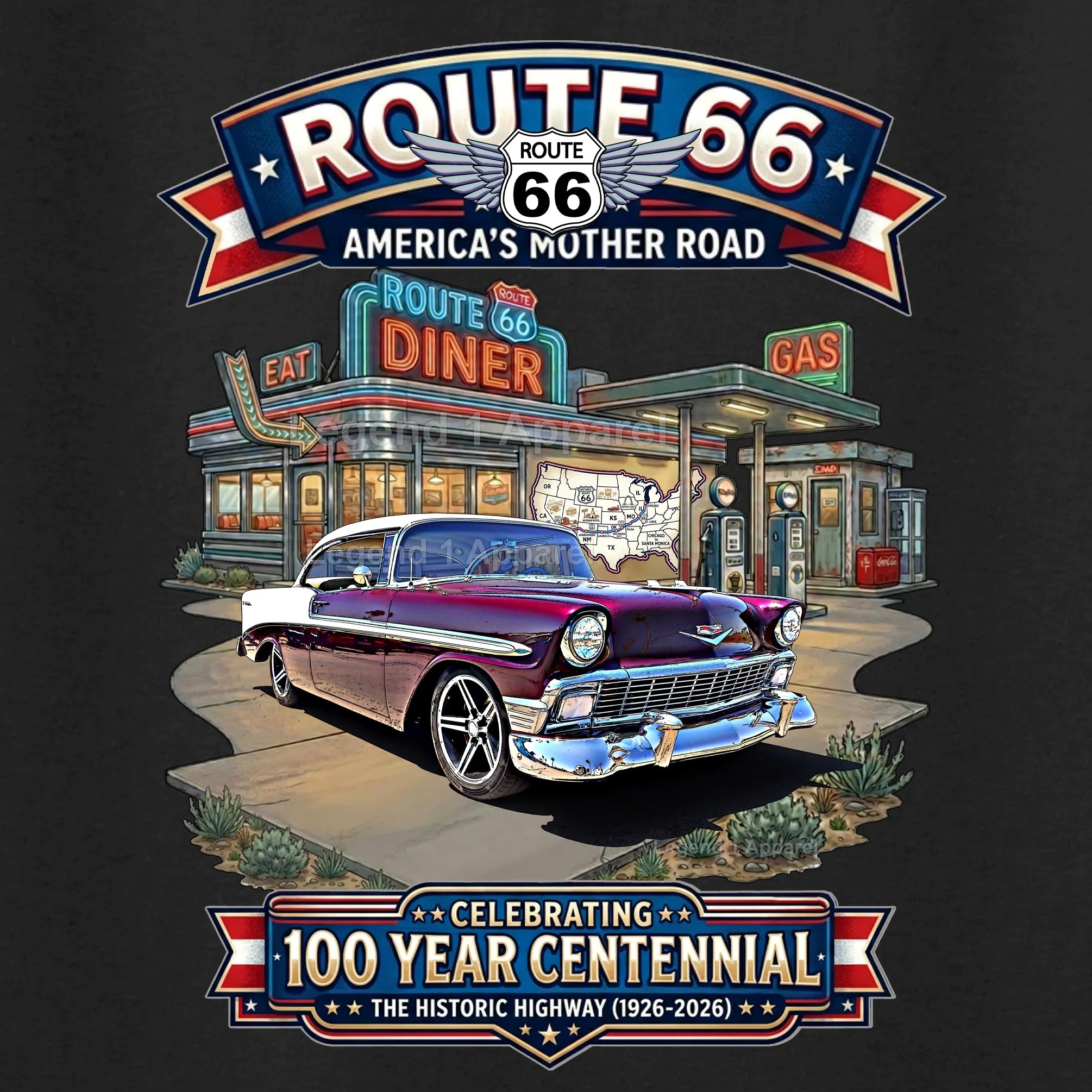 1956 Chevrolet Bel Air Coupe Classic Car Graphic Tee – Route 66 Centennial T-Shirt